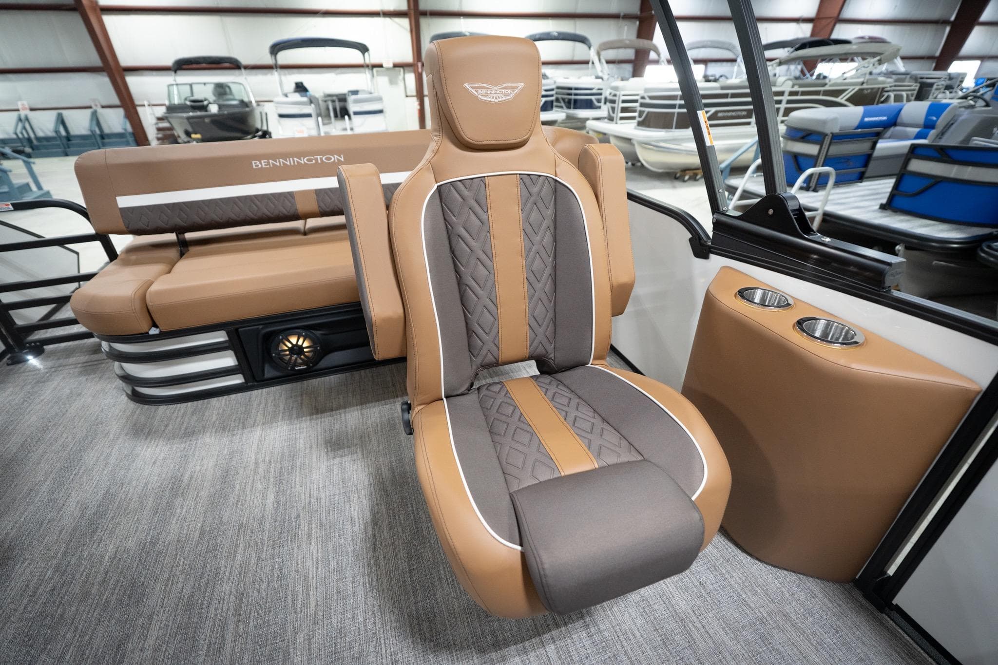 Luxurious interior of 2026 Bennington 22 MSB pontoon boat with premium seating.