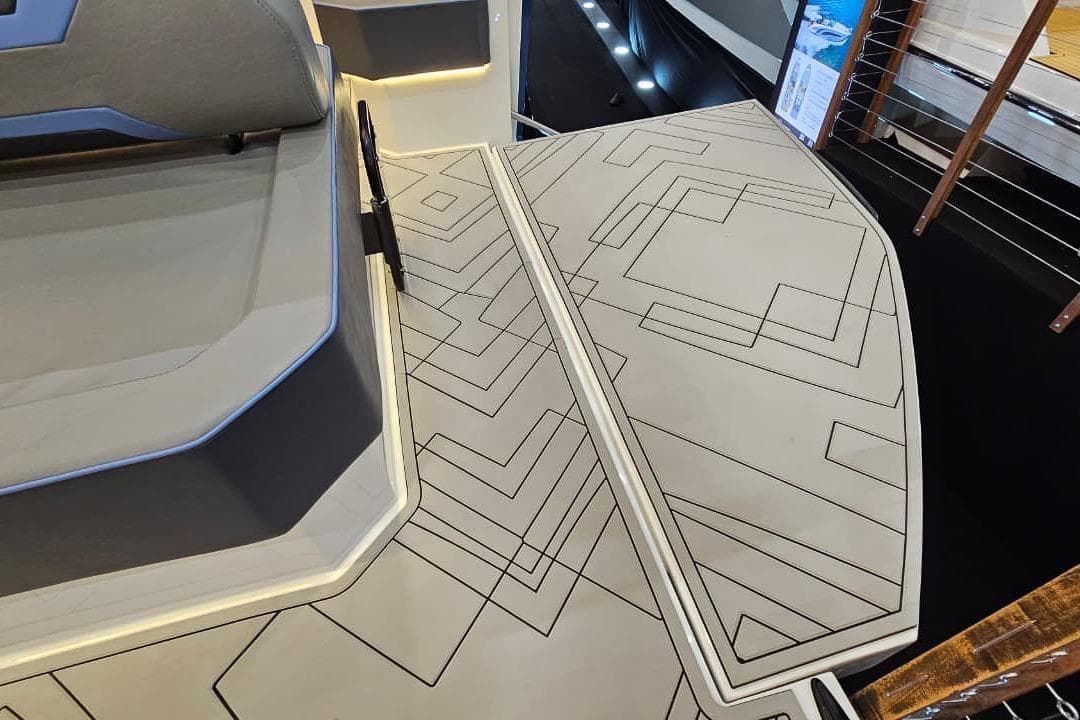 Modern Hanover 327 boat deck with geometric patterns, 2026 model.