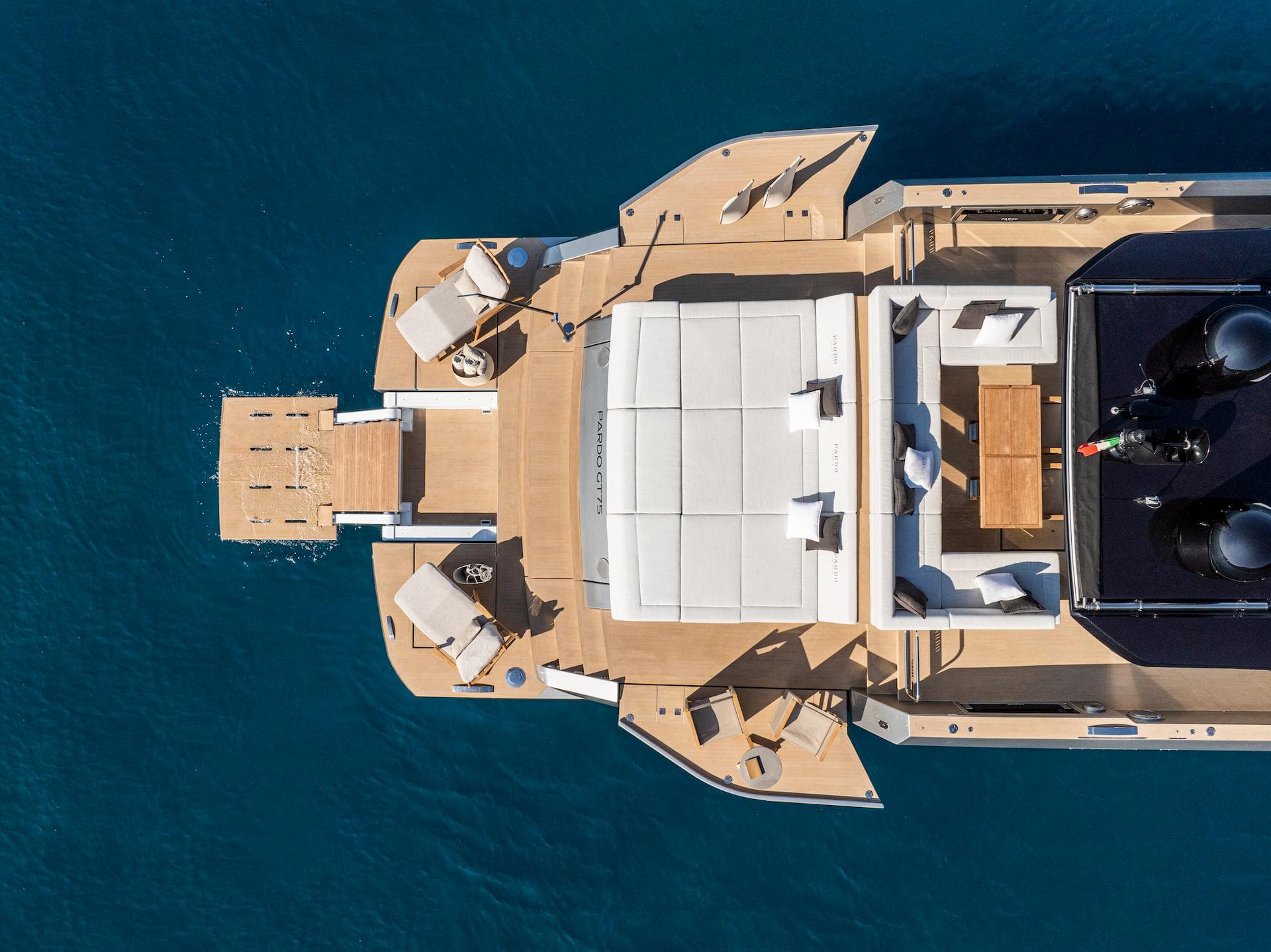 Aerial view of 2025 Pardo Yachts GT75 luxury yacht on blue water.