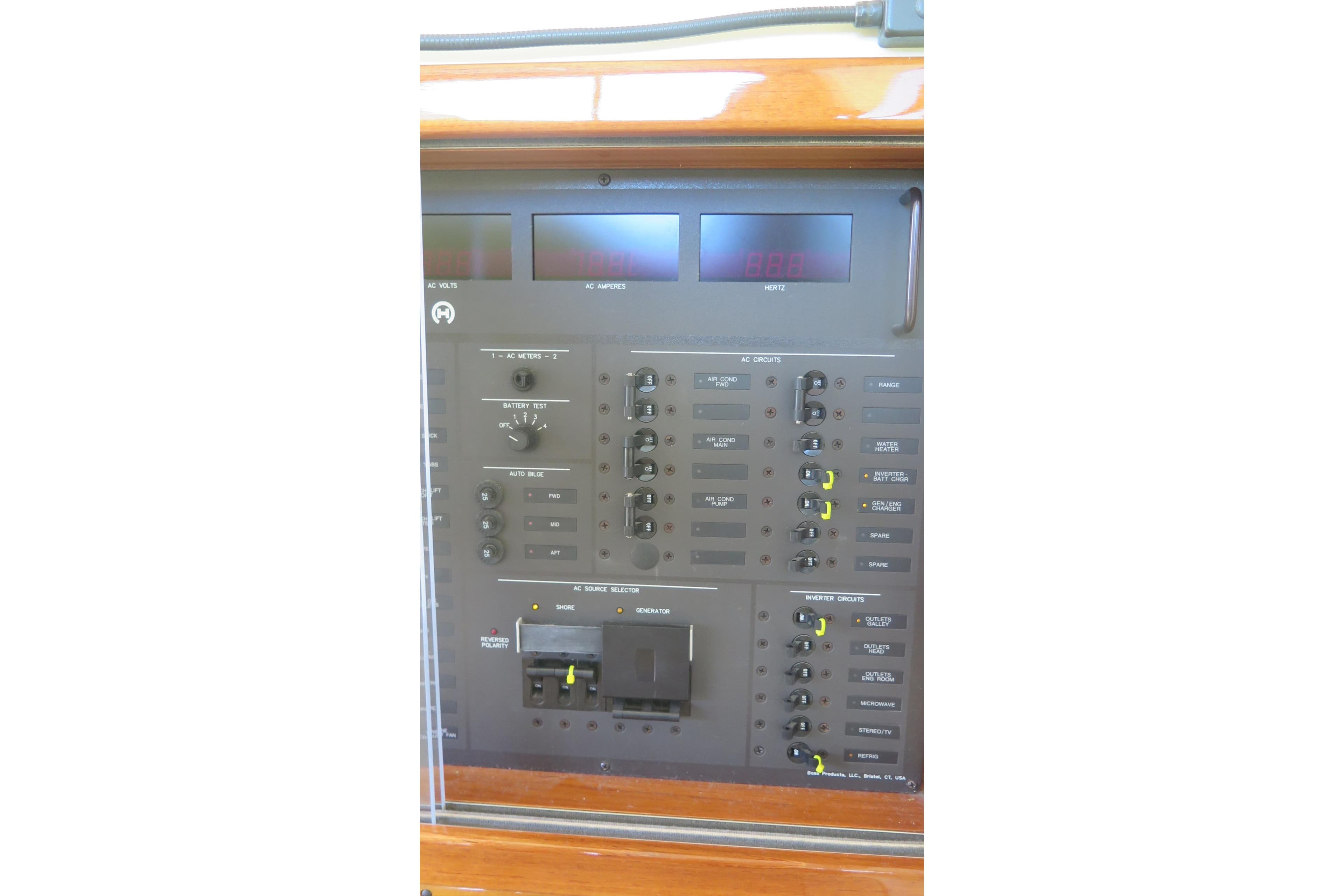 Electrical control panel on a 2007 Hinckley Talaria 40 yacht.