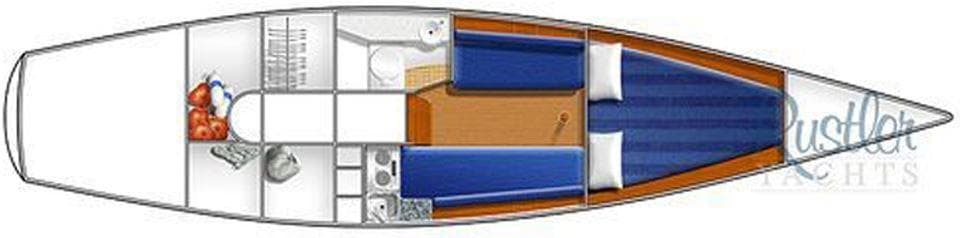 Floor plan of 2025 Rustler 33 yacht, featuring cabin layout and interior design.