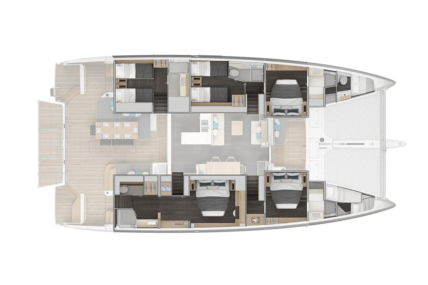 Manufacturer Provided Image: Floor plan of 2026 Lagoon 60 catamaran, featuring spacious cabins and modern interior layout.