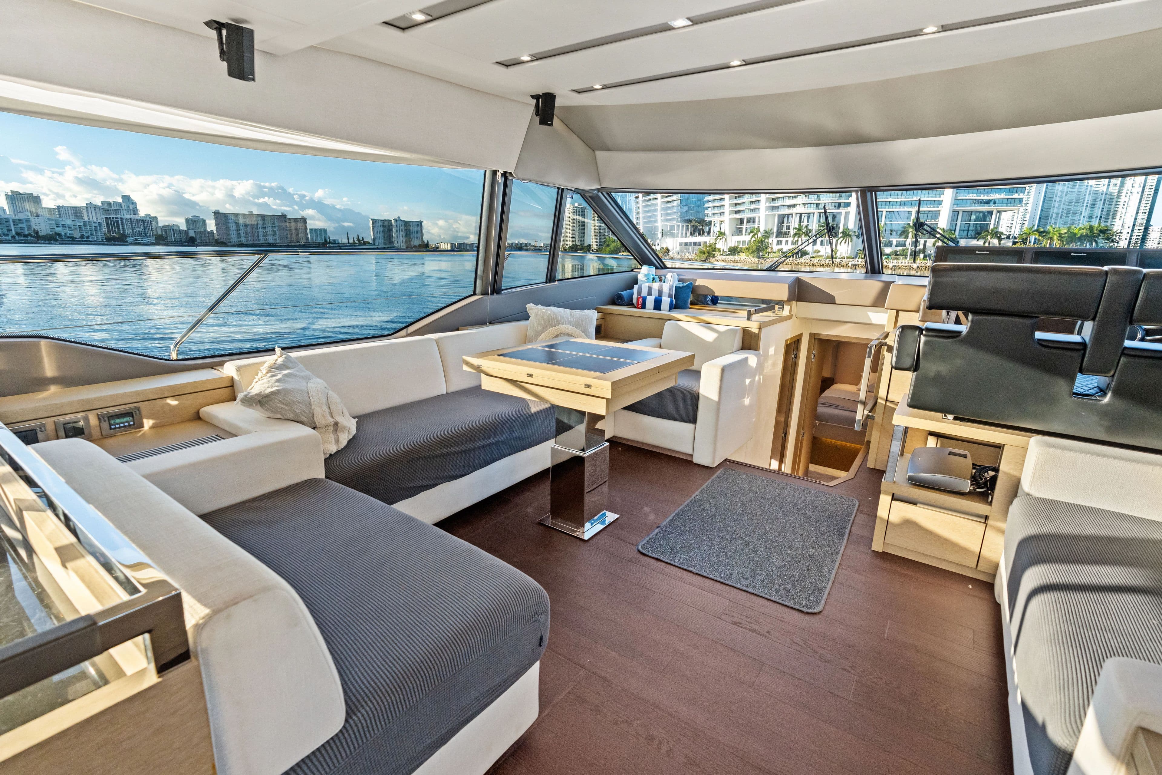 Interior of a 2018 Prestige 630 yacht with modern design.