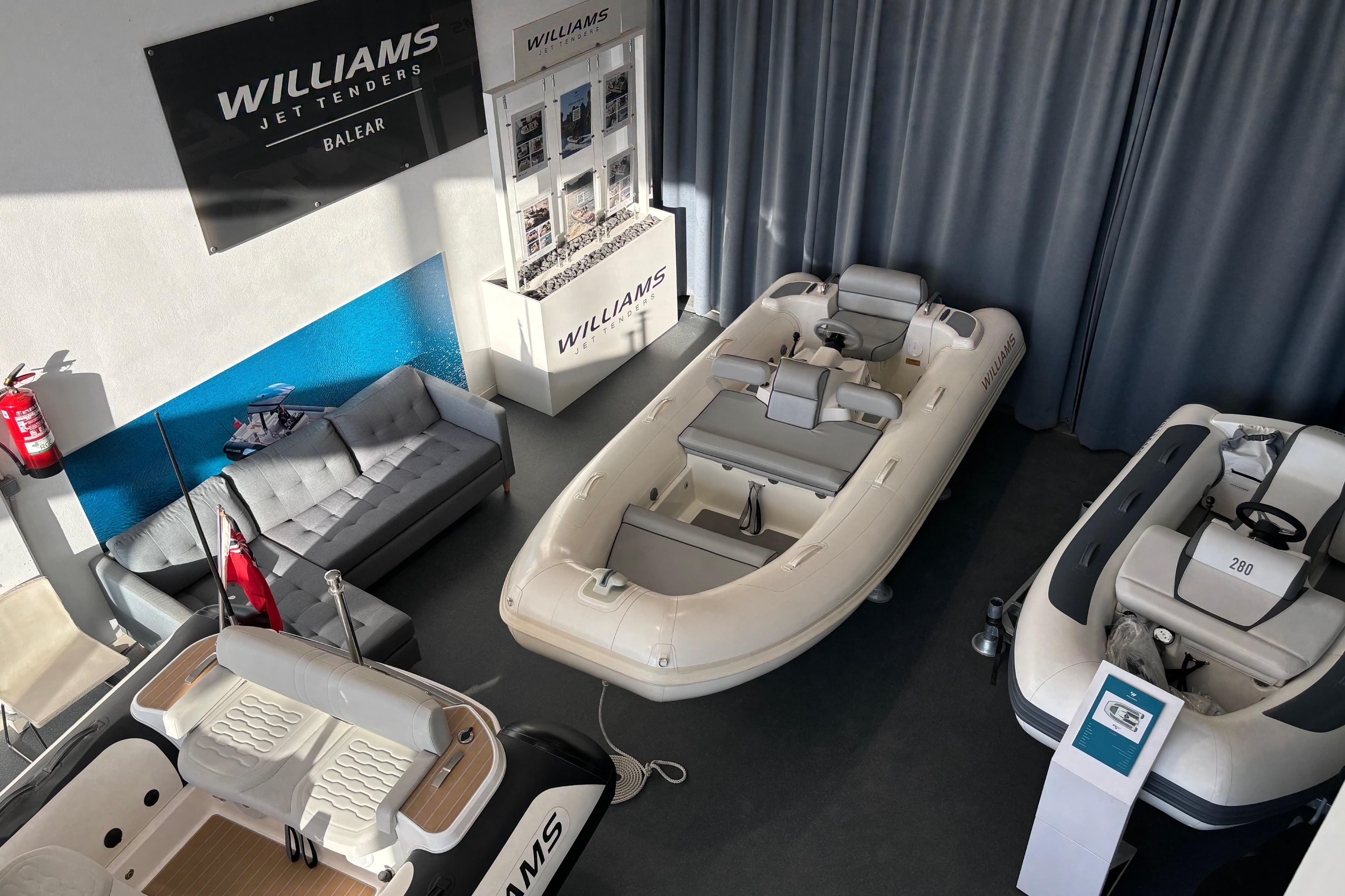 2017 Williams Jet Tenders Turbojet 385 displayed in showroom with other boats.