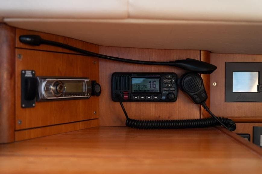 VHF radio and control panel inside 2013 Southerly 42RST yacht cabin.