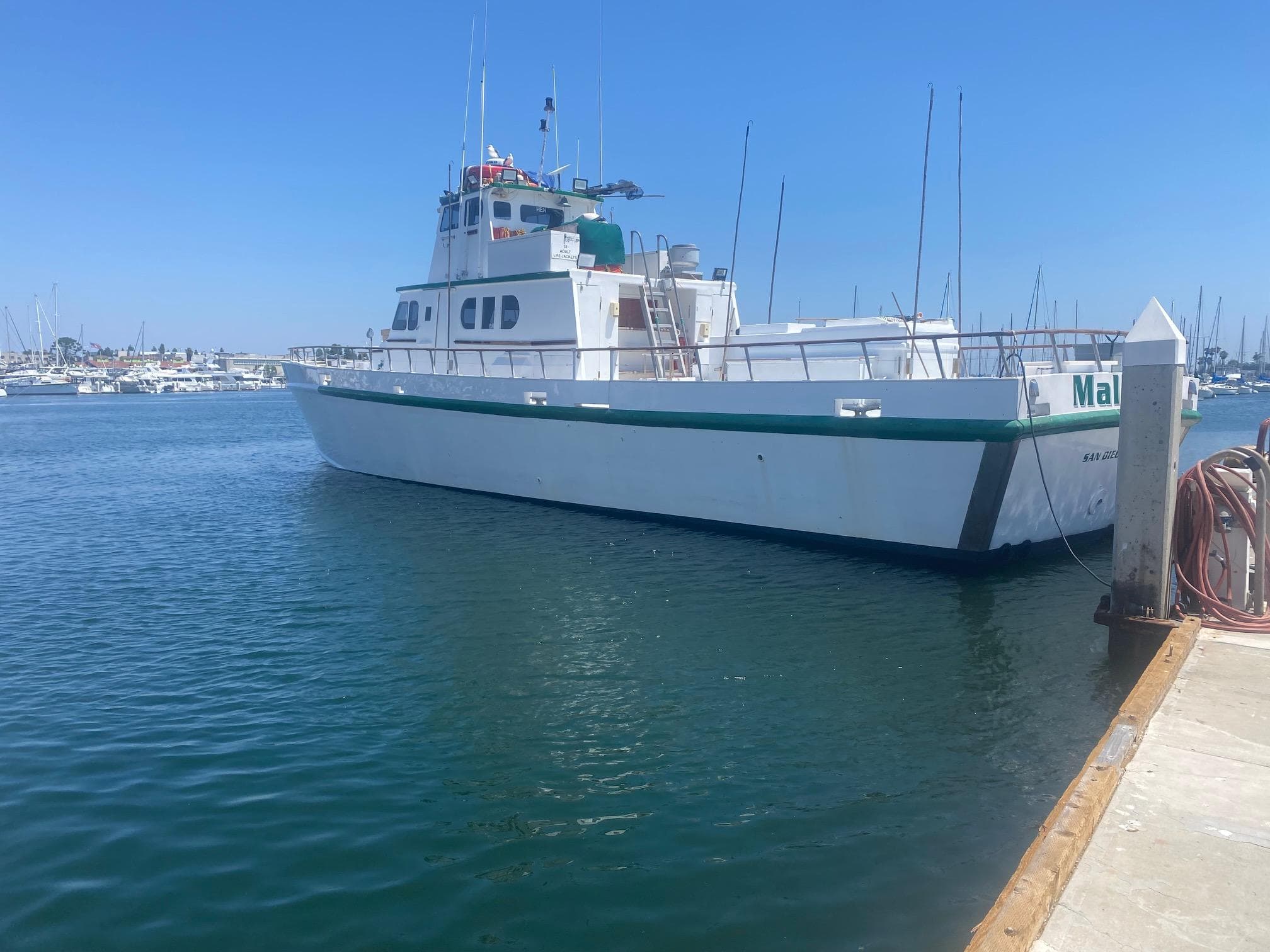 1945 Higgins PT boat docked at a marina on a sunny day.