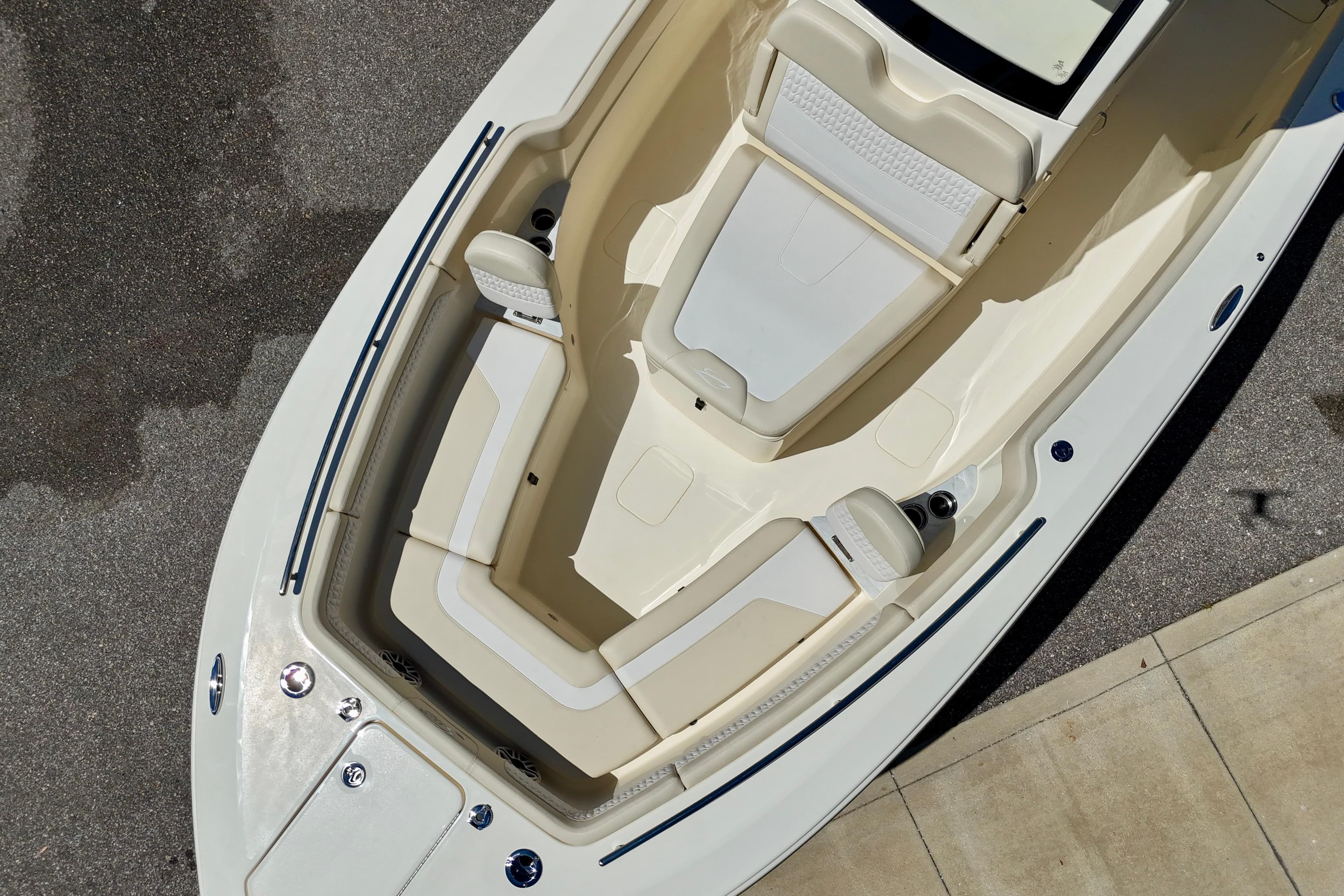 2026 Scout 260 LXF boat interior with beige seating and sleek design.