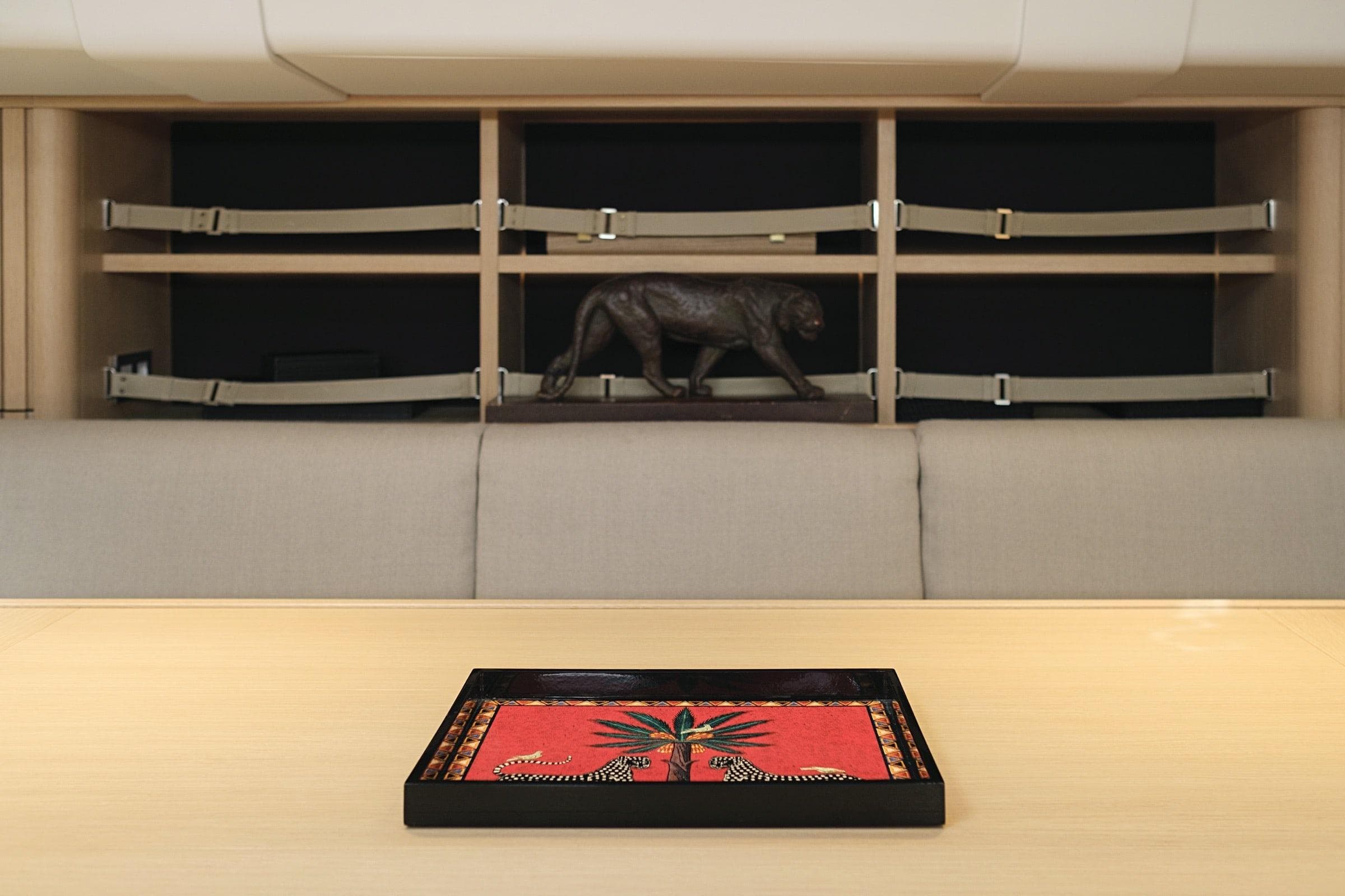 Luxurious interior of 2020 Nautor Swan 98 yacht with elegant decor and artwork.