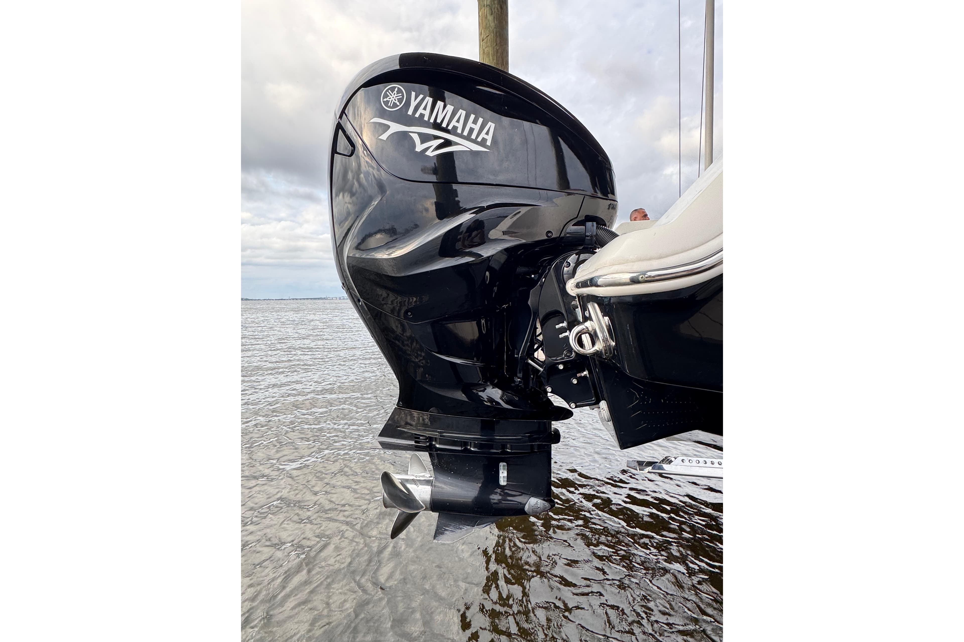 Outboard motor on 2023 Tidewater 320 CC Adventure boat, featuring Yamaha branding.