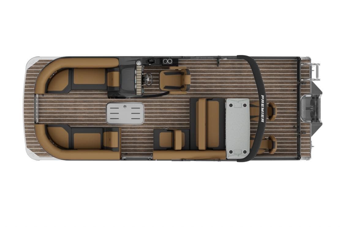 Top view of 2026 Premier 250 Sunsation RS CL pontoon boat with brown seating.