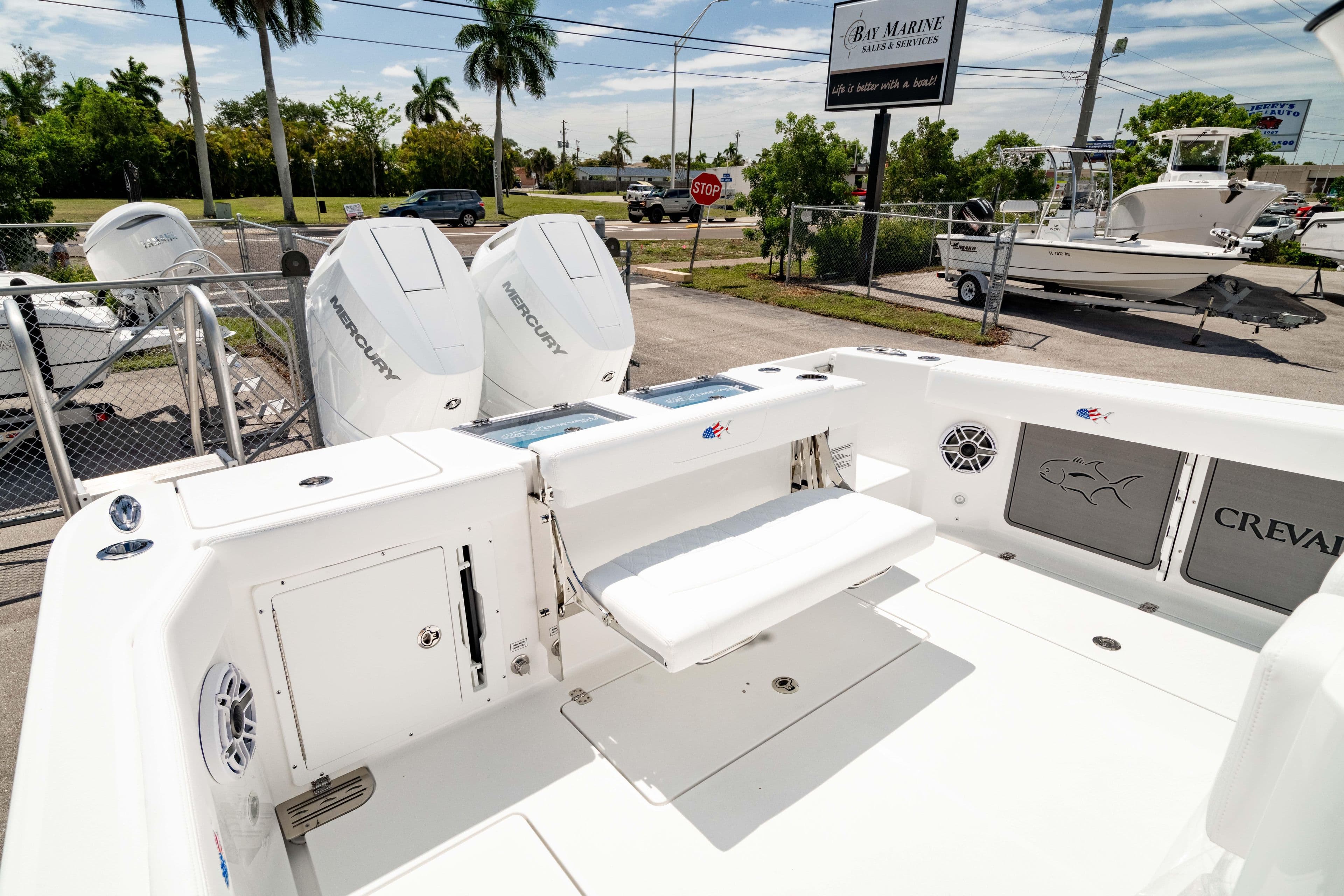 2026 Crevalle 33 CSF boat with Mercury engines at Bay Marine dealership.