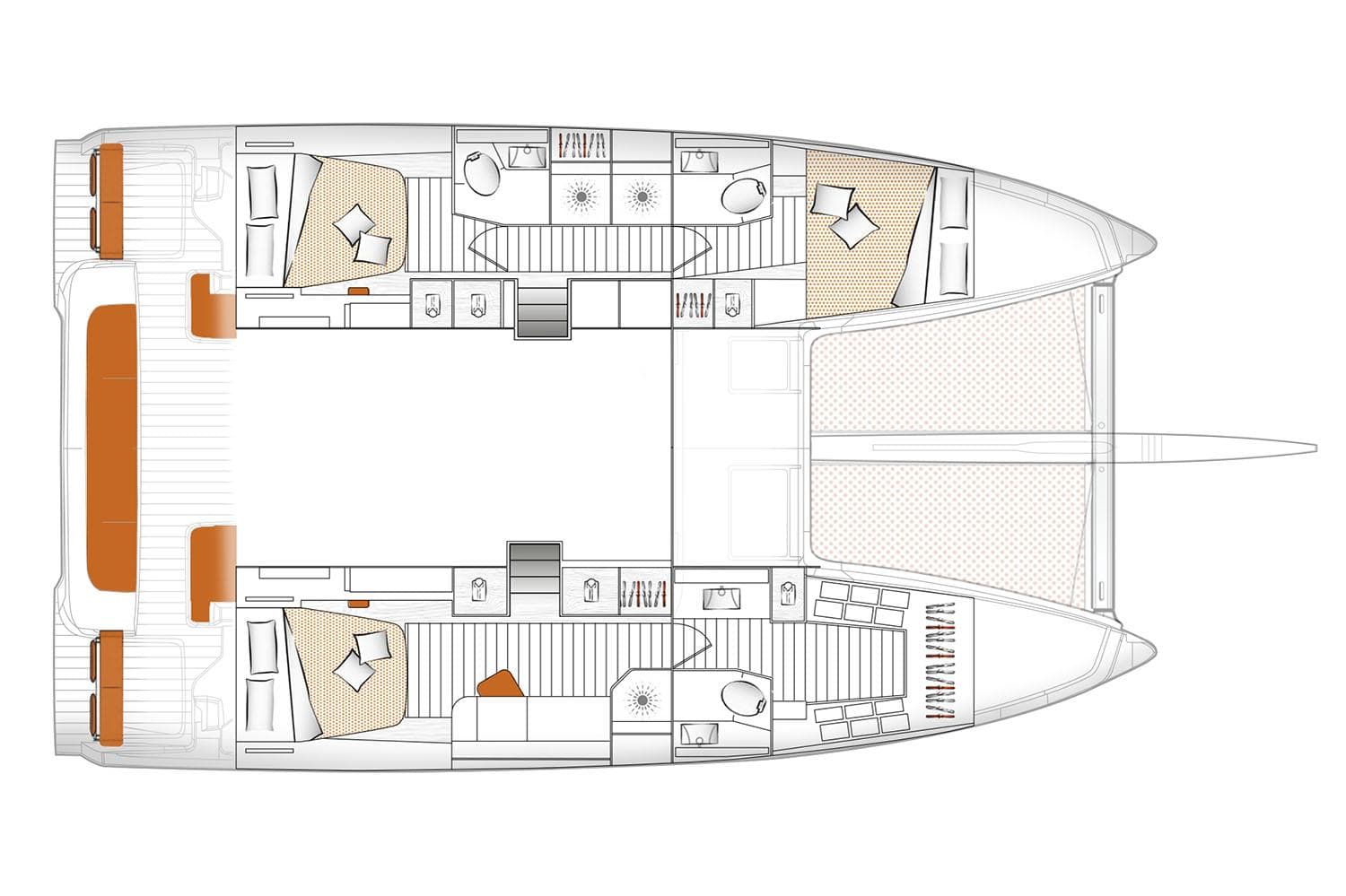 Manufacturer Provided Image: Floor plan of 2025 Excess 14 catamaran, featuring spacious cabins and modern amenities.