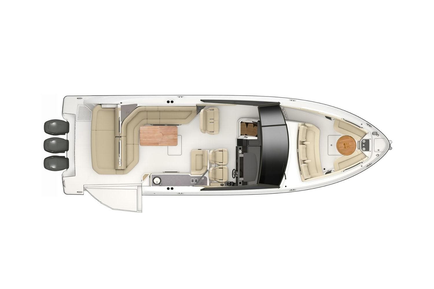 Manufacturer Provided Image: Top view of 2023 Sea Ray SLX 400 OB boat layout with triple outboard engines.