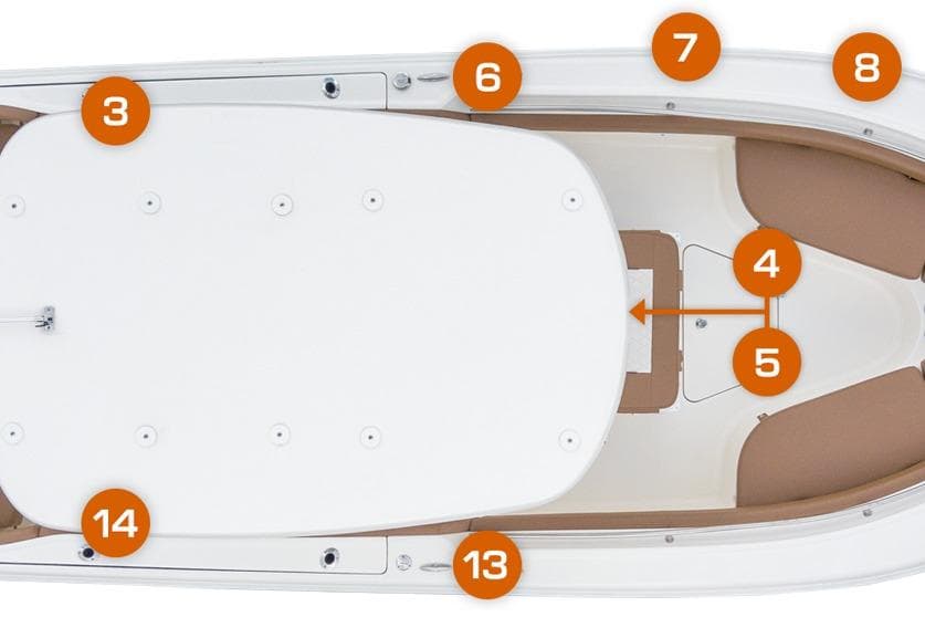 Top view of 2027 Pioneer 222 Sportfish boat layout with numbered features.