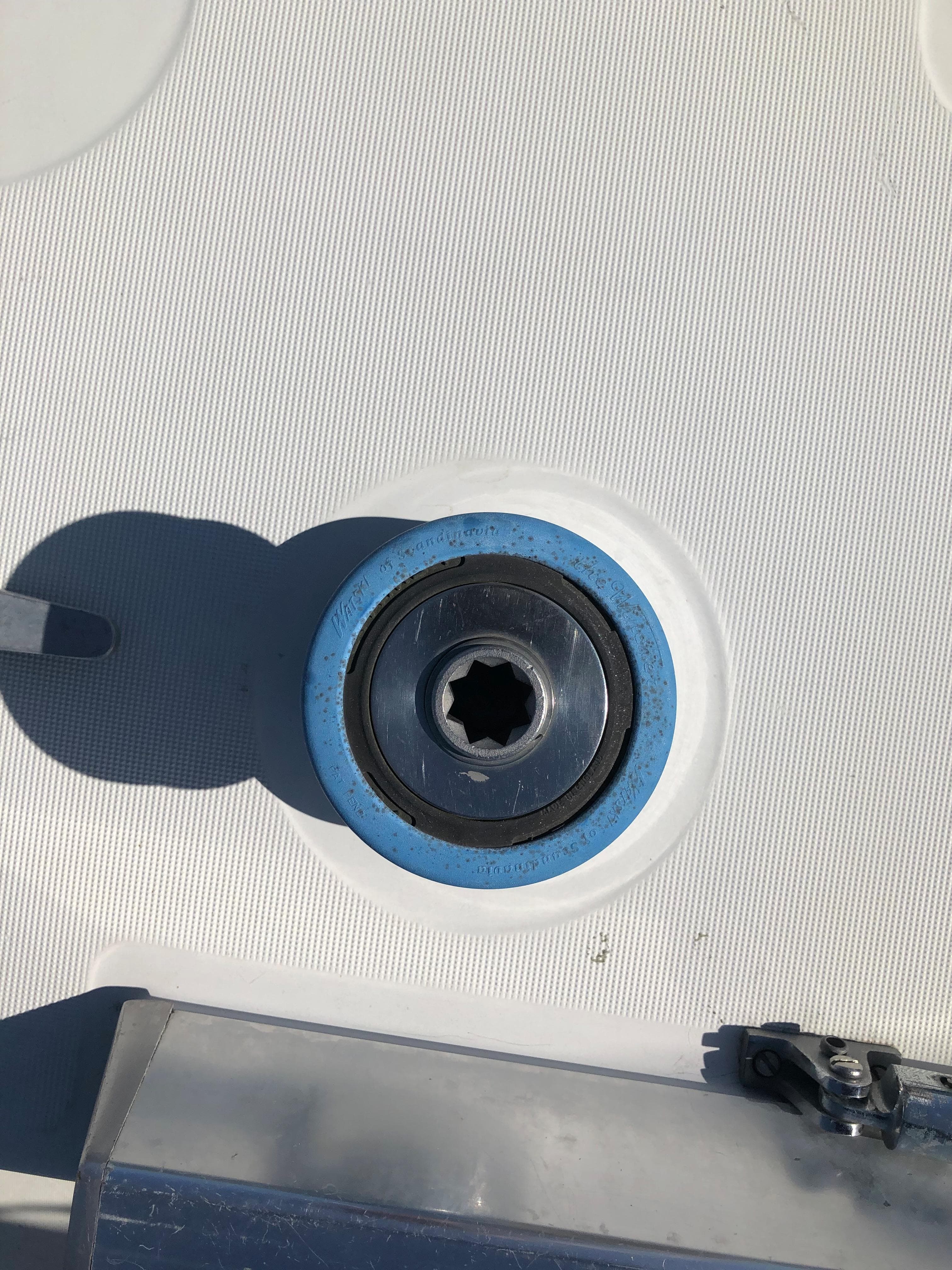 Deck fitting on 1985 Beneteau First 345 sailboat.