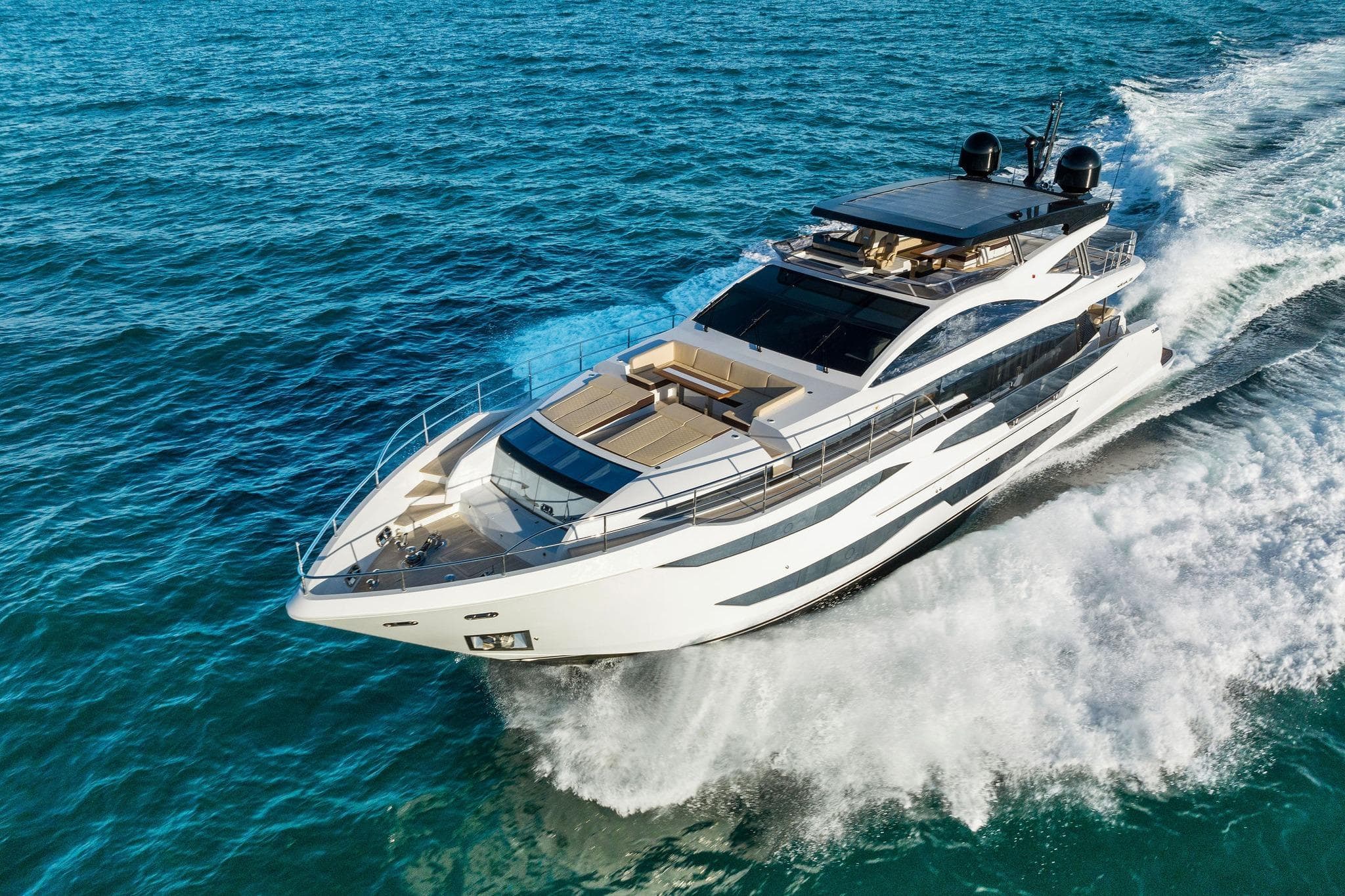 Luxury Pearl 95 yacht cruising on open sea, 2023 model.