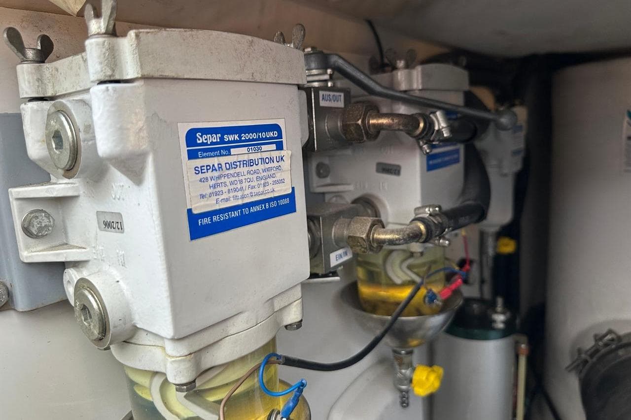 Fuel filter system in a 2007 Princess 50 yacht engine room.