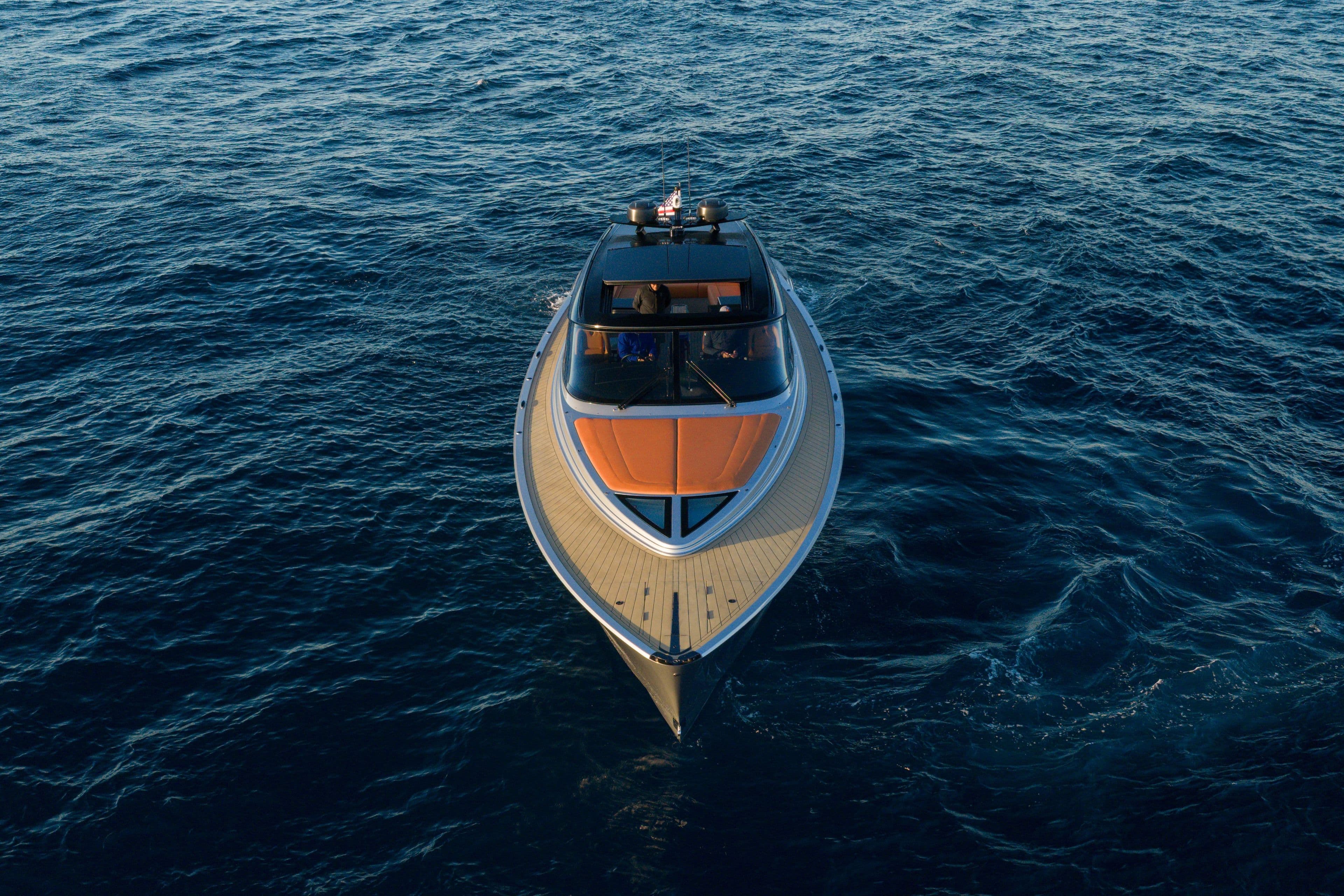 2024 Wajer 55 HT yacht cruising on open sea, aerial view.