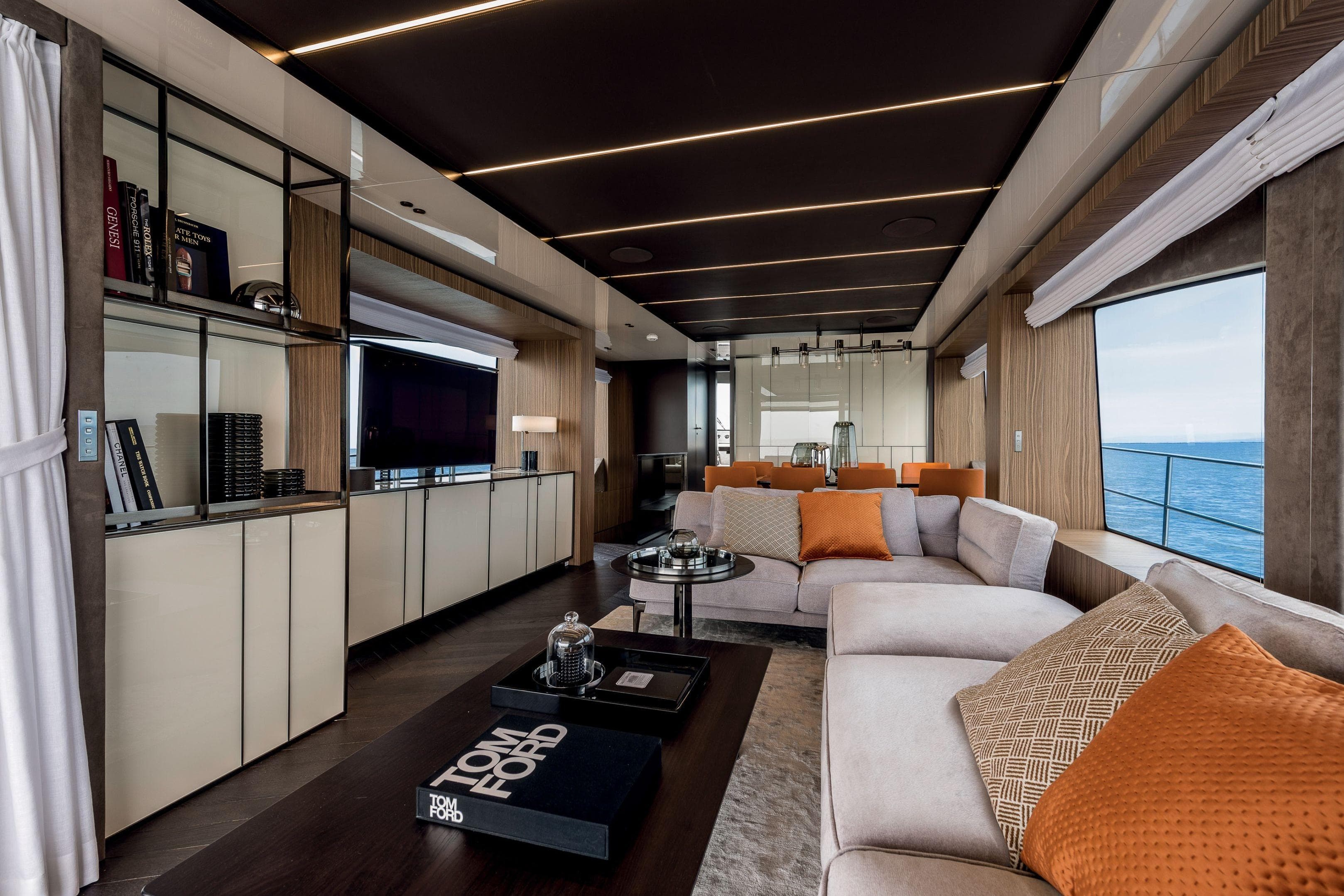 Luxurious interior of 2026 Cranchi Settantotto 78 yacht with modern decor and ocean view.