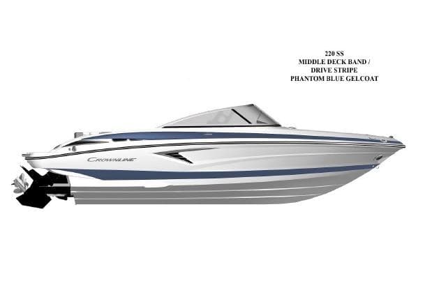 2027 Crownline 220 SS boat with Phantom Blue gelcoat and sleek design.