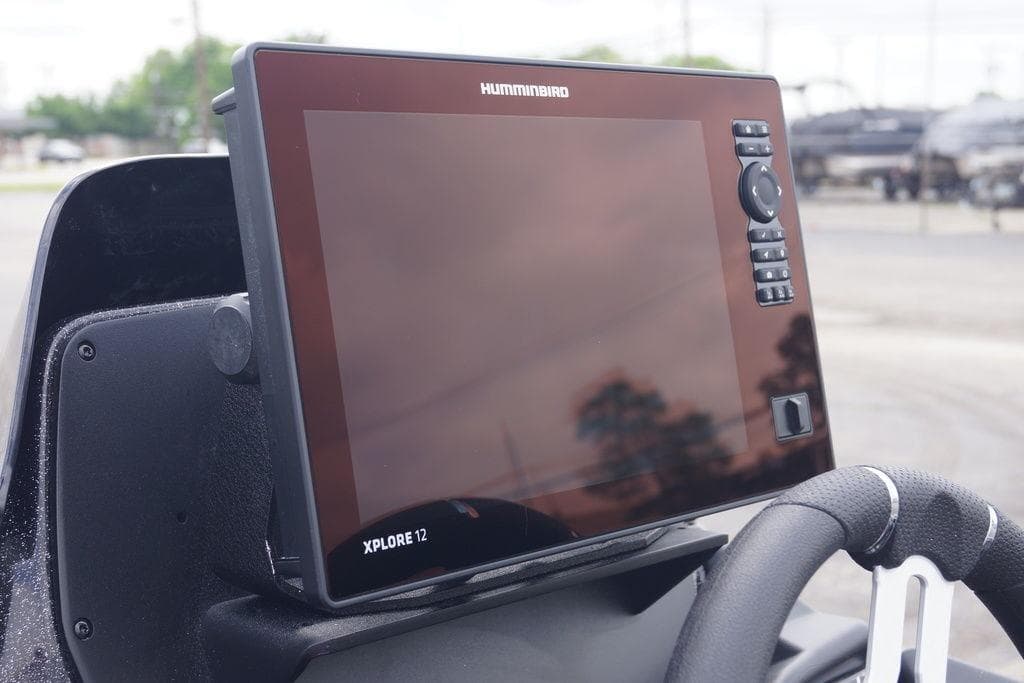 Humminbird Xplore 12 fishfinder on 2026 Skeeter FXR20 PRO boat dashboard.