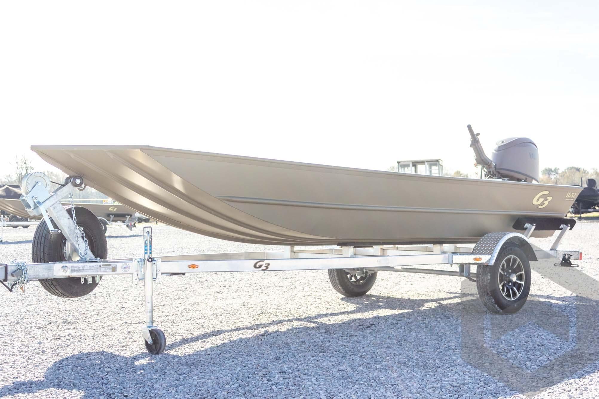 2026 G3 Gator Tough 1652 VBW boat on trailer, displayed outdoors.