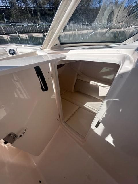 2019 Grady-White Freedom 325 cabin interior with open door.