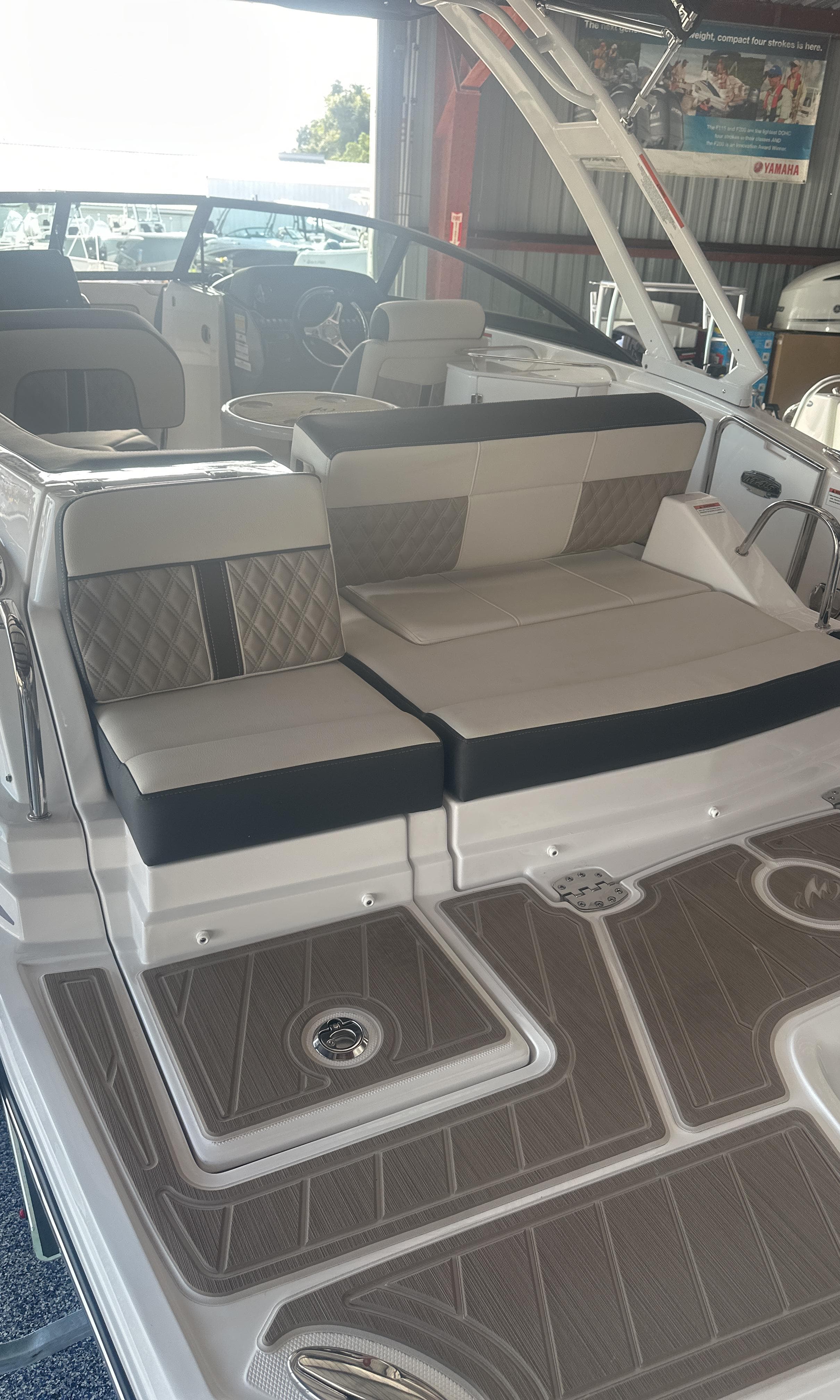 2025 Monterey M45 boat interior with luxurious seating and modern design.
