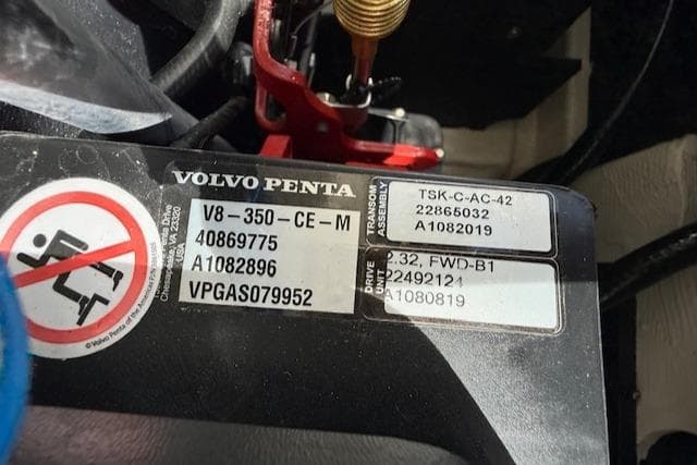 Volvo Penta engine label on 2020 Regal LS6 Surf boat, showing model and serial numbers.