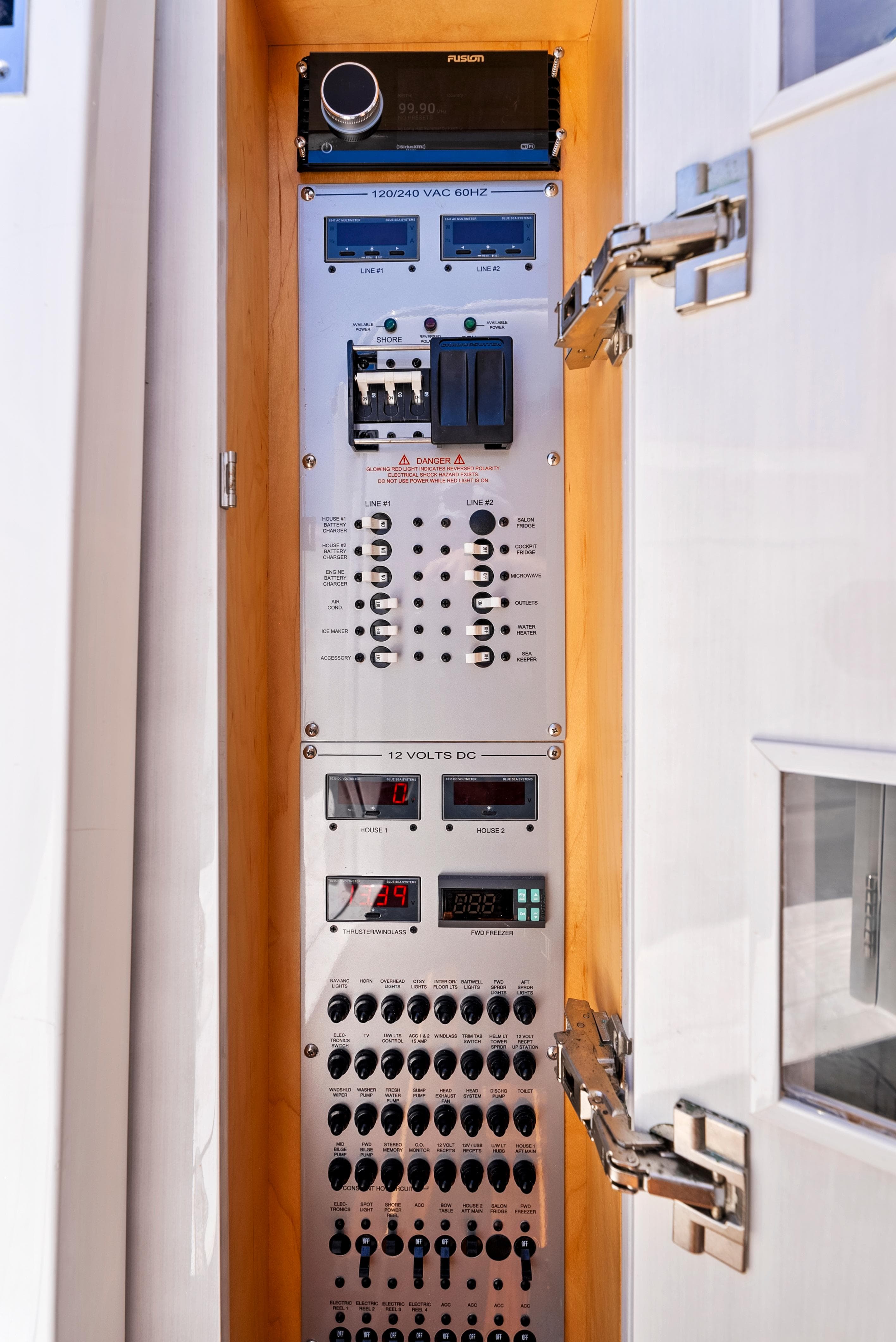 Electrical control panel inside 2022 HCB Suenos boat, featuring switches and gauges.