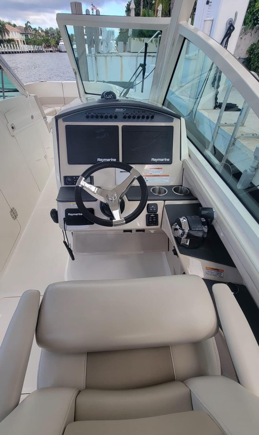 Interior view of a 2021 Boston Whaler 320 Vantage boat.