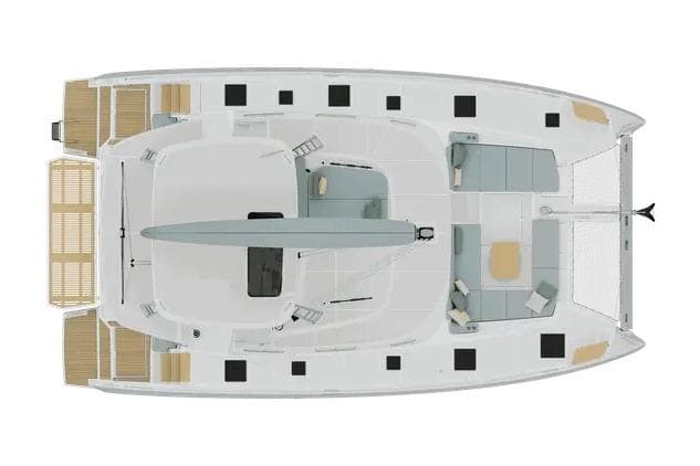 Top view of 2027 Lagoon 47 catamaran layout, showcasing spacious deck and seating areas.