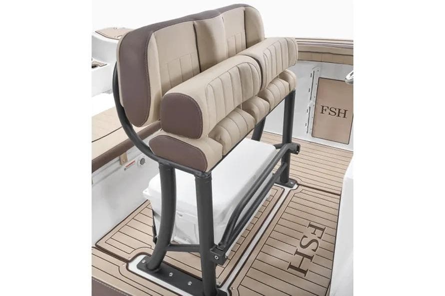 2026 Yamaha Boats 255 FSH Sport E interior with cushioned seating and FSH branding.