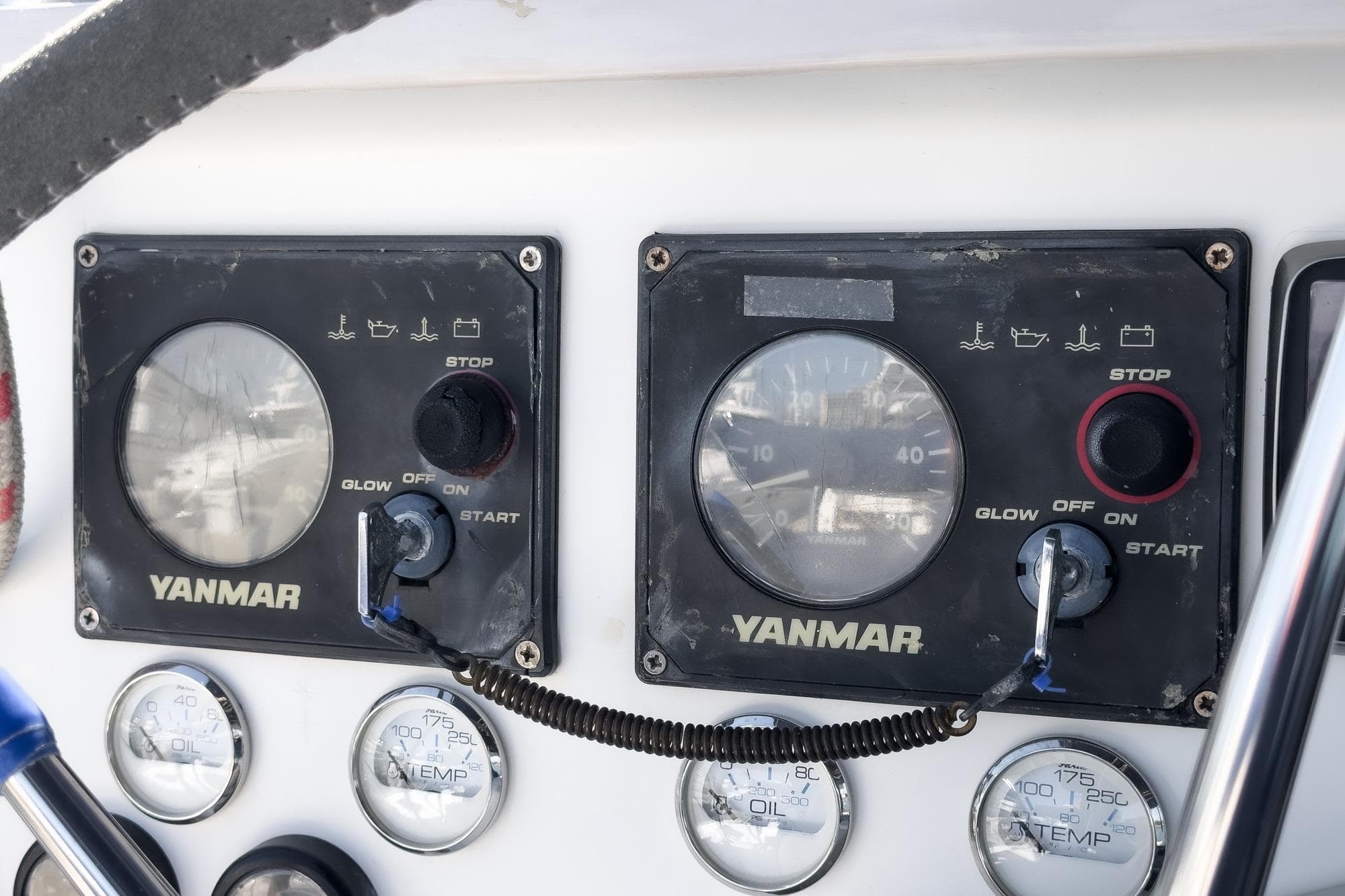 Control panel of a 2004 Lagoon 380 catamaran with Yanmar engine gauges.