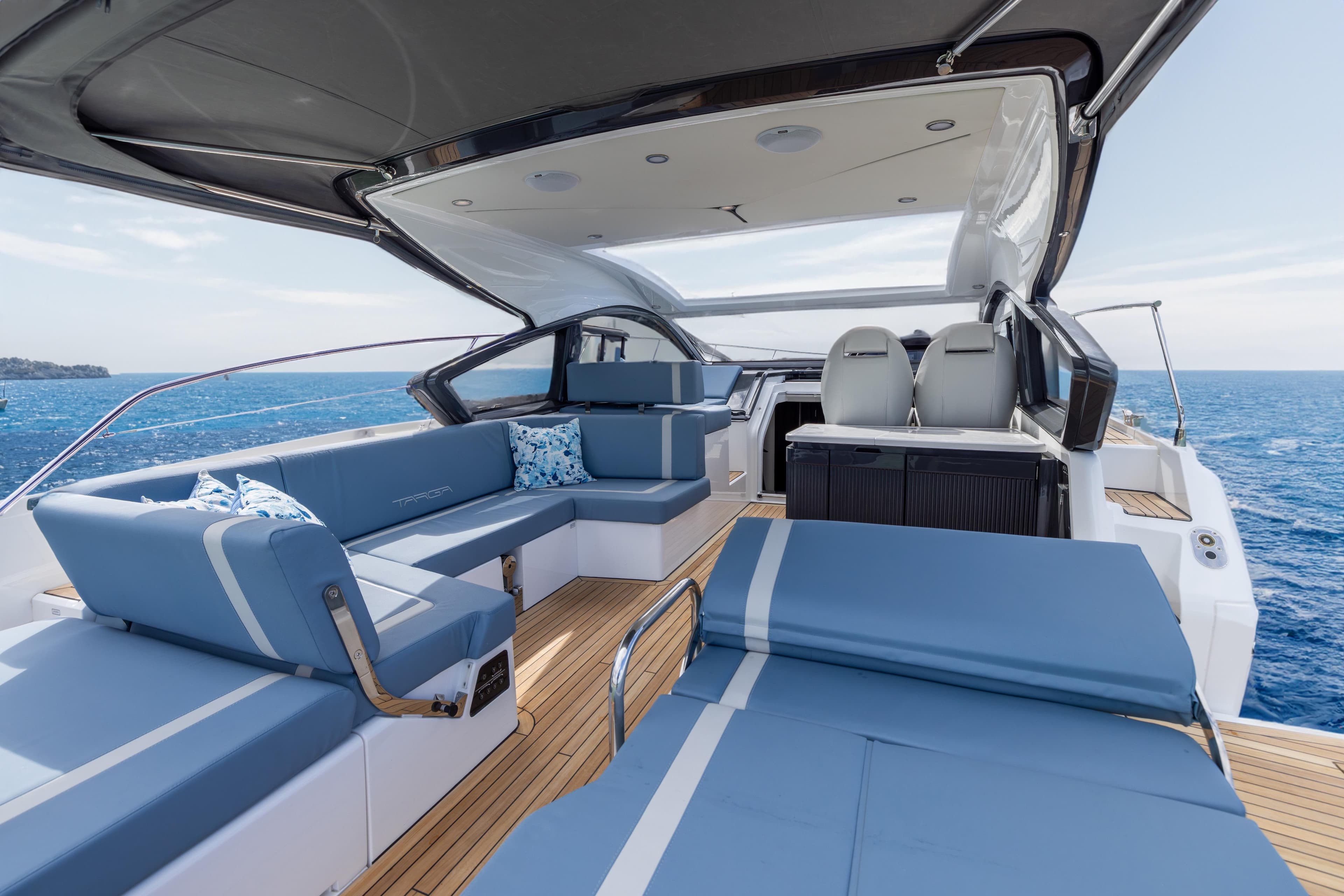 2026 Fairline Targa 40 yacht interior with luxurious seating and ocean view.