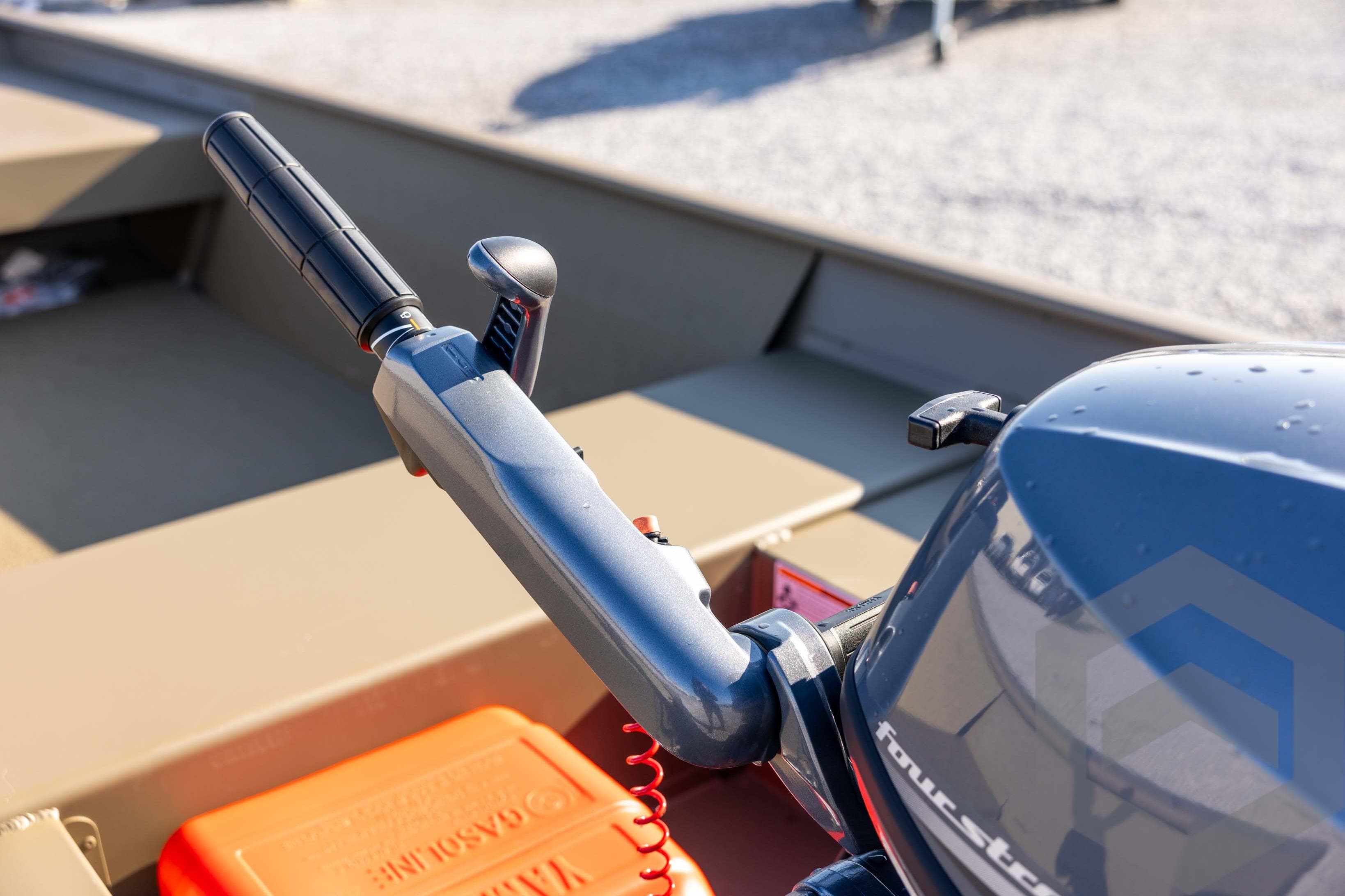 2026 G3 Gator Tough 1548 VBW boat motor and throttle control close-up.
