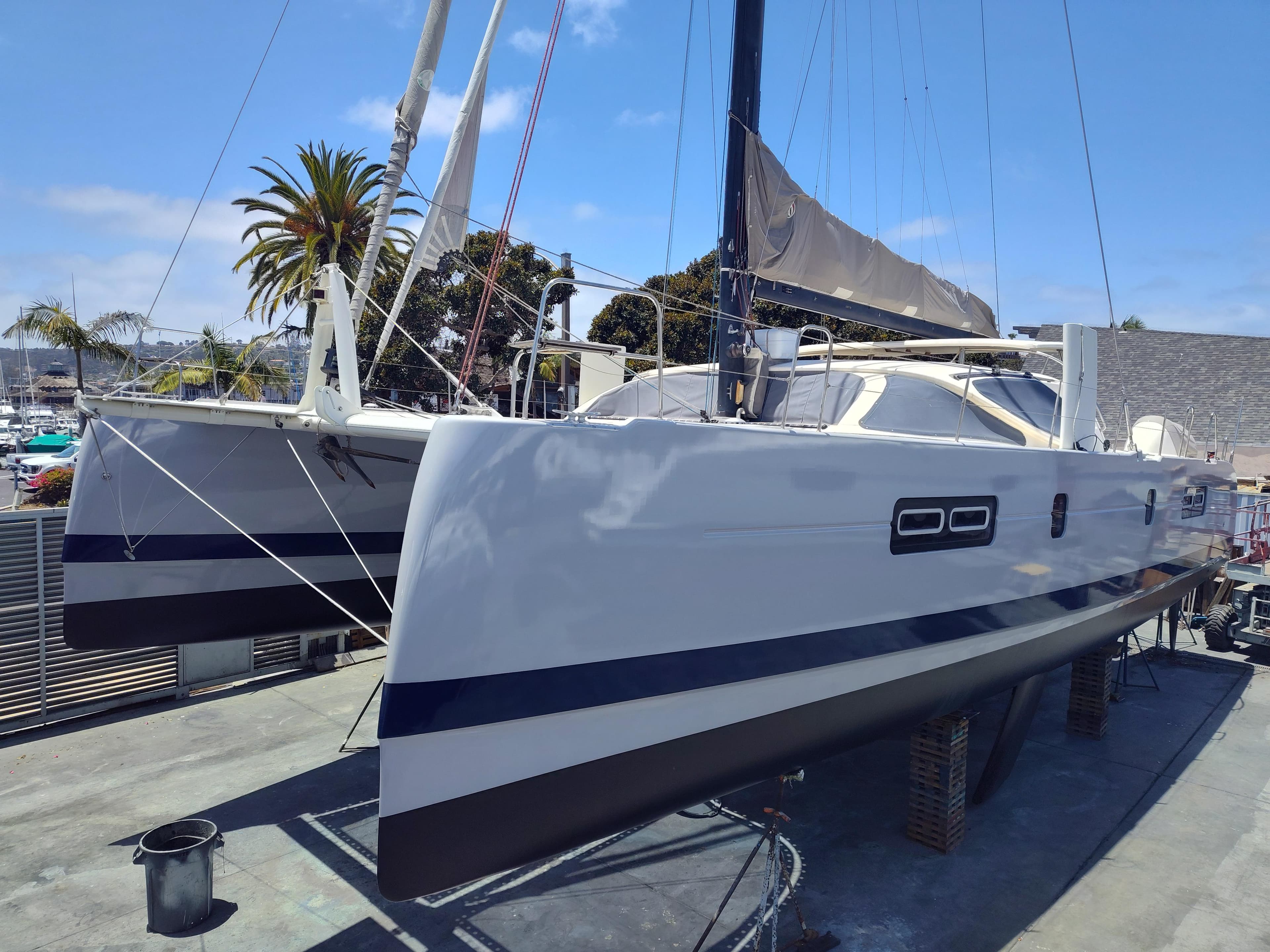 2011 Performance Catamarans 52 on dry dock, showcasing sleek design and modern features.