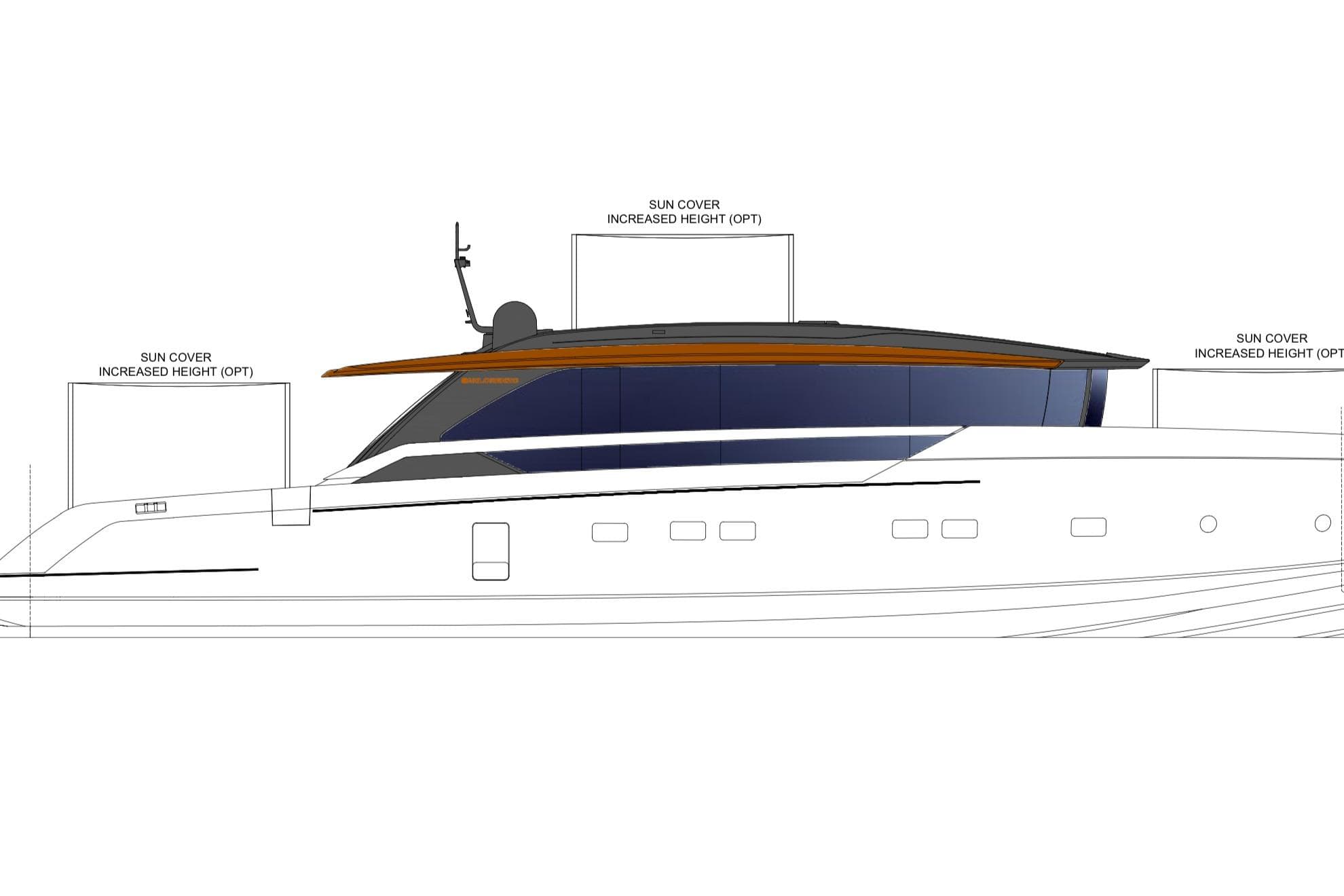 2026 Sanlorenzo SP92 yacht design with optional increased height sun cover.