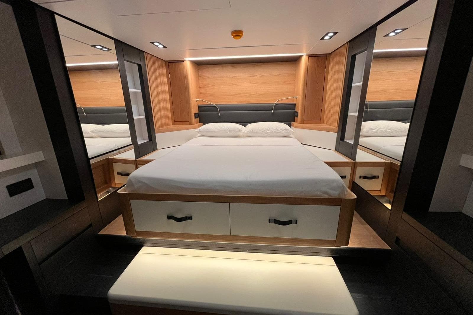 Luxurious 2024 Explorer ICE bedroom interior with modern design and ambient lighting.
