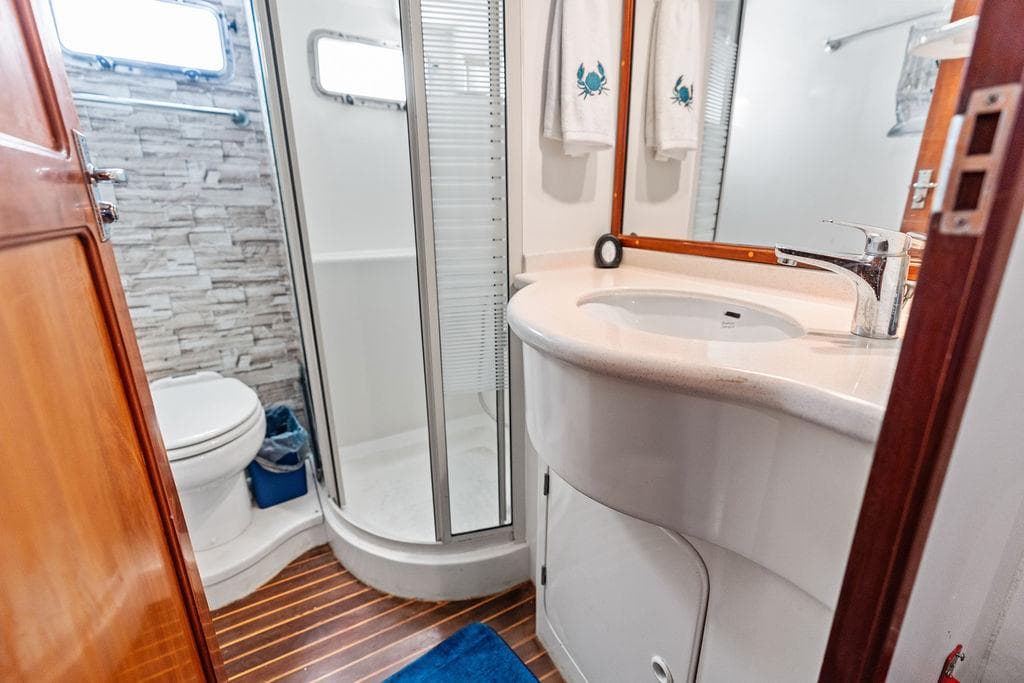 Modern yacht bathroom with shower, sink, and toilet in a 2000 Selene Solo.