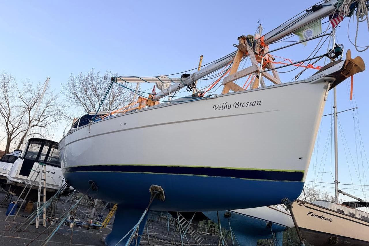 2006 Beneteau Cyclades 43.3 sailboat, named Velho Bressan, on dry dock for maintenance.