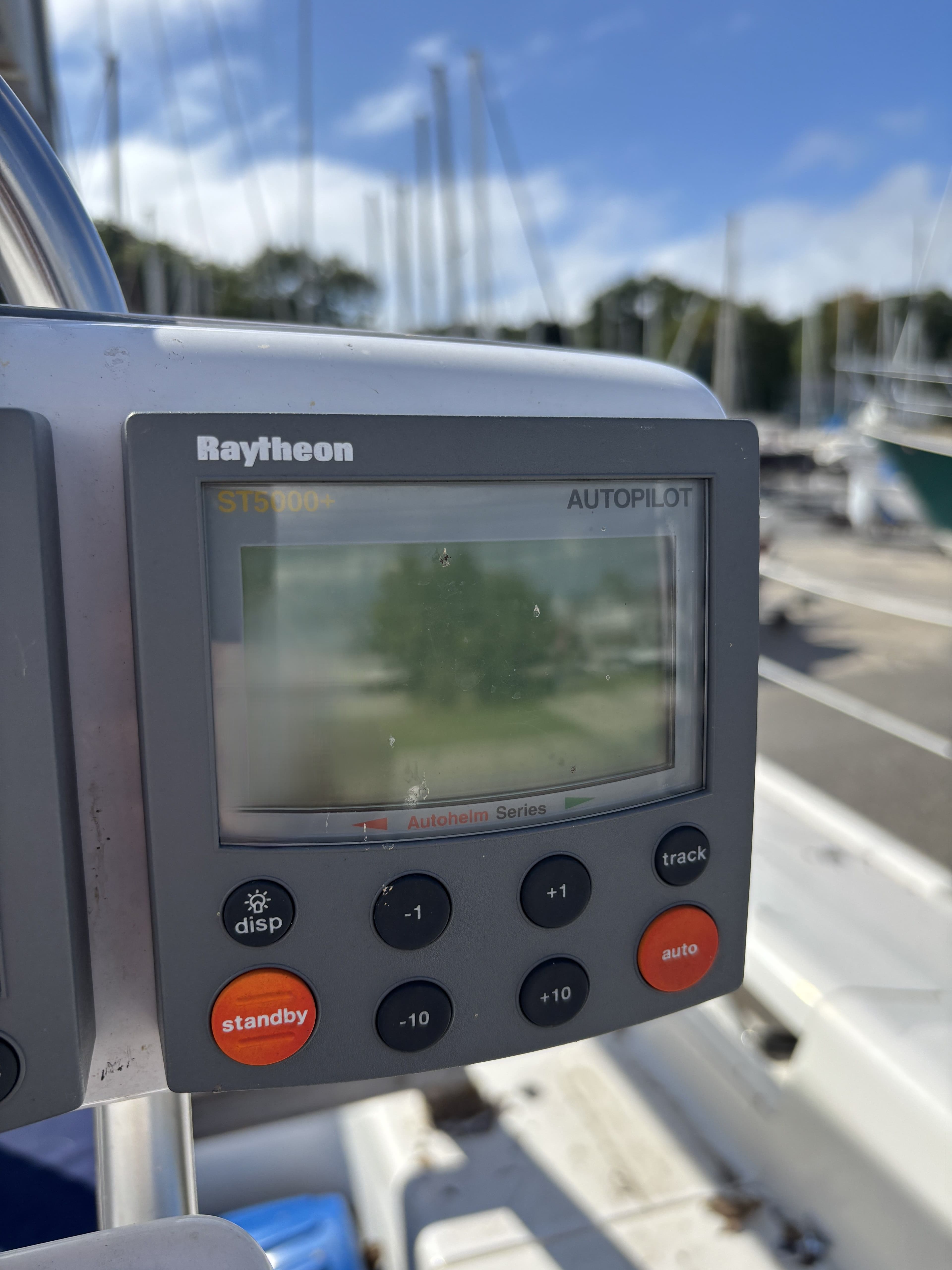 Raytheon autopilot display on a 2000 Catalina 380 sailboat.