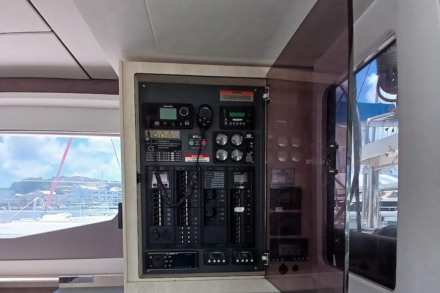 Control panel inside a 2020 Leopard 45 yacht, featuring various gauges and switches.