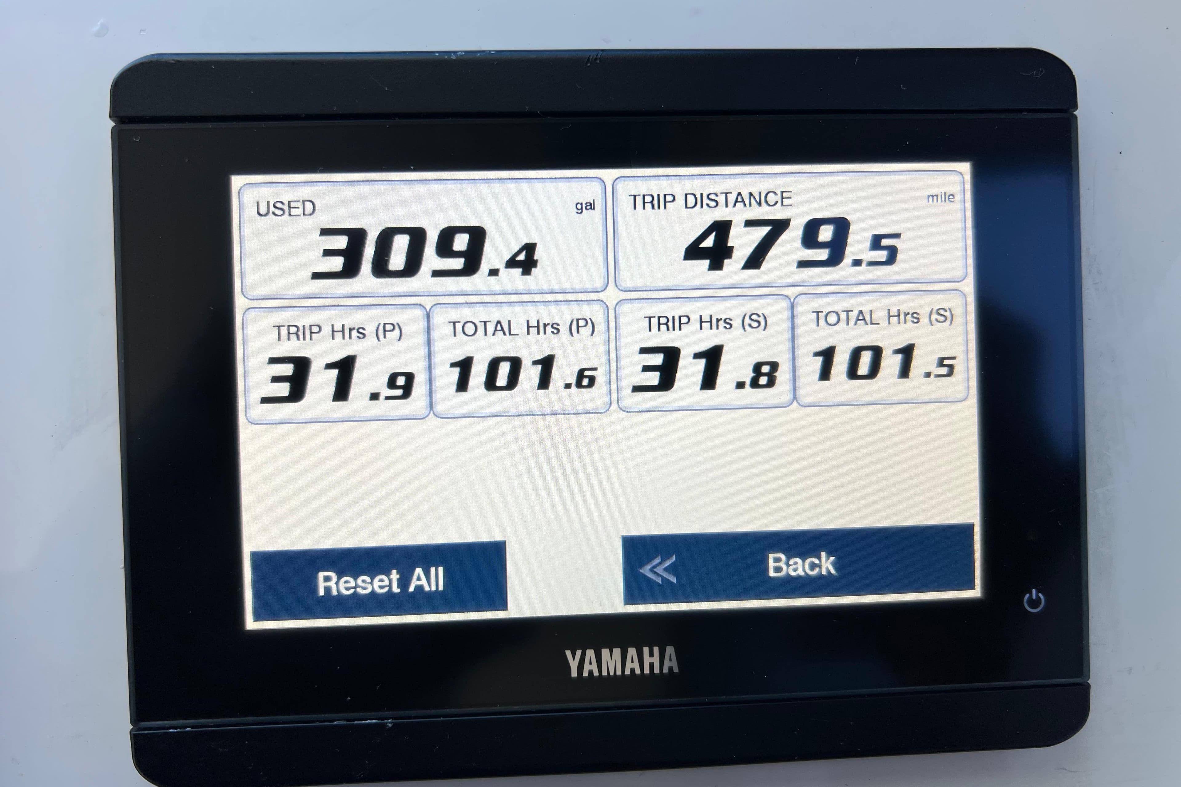 Yamaha display showing fuel usage, trip distance, and engine hours for Parker 2820 XLD Sport Cabin.
