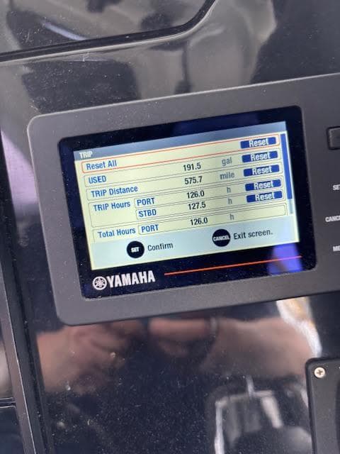 Yamaha display showing trip data for a 2019 Beneteau Antares 27 boat.