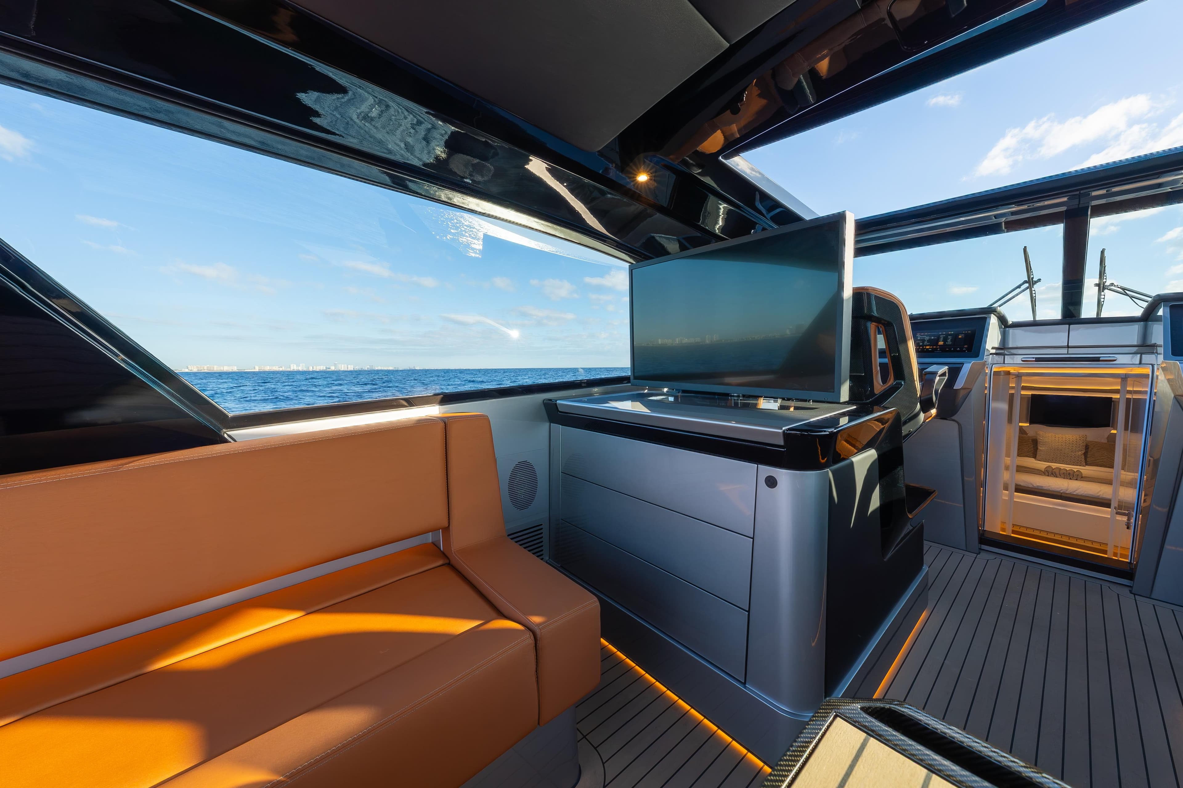 Luxurious interior of 2024 Wajer 55 HT yacht with ocean view and modern amenities.