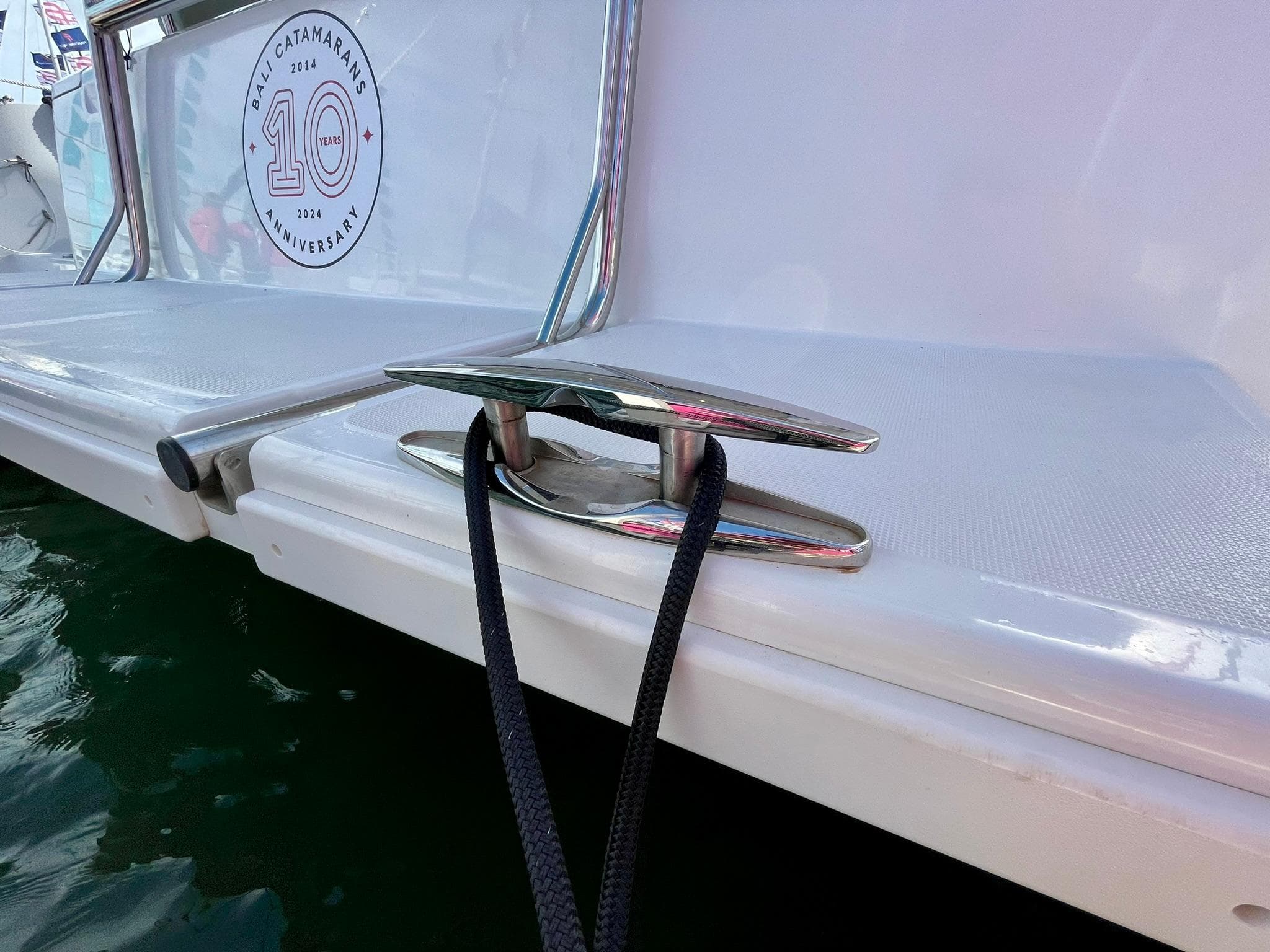 Bali 4.2 boat cleat with rope, 2026 model, docked on water.