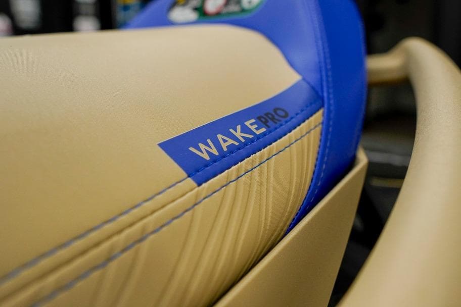 2026 Sea-Doo Wake Pro 230 seat detail with blue and beige design.
