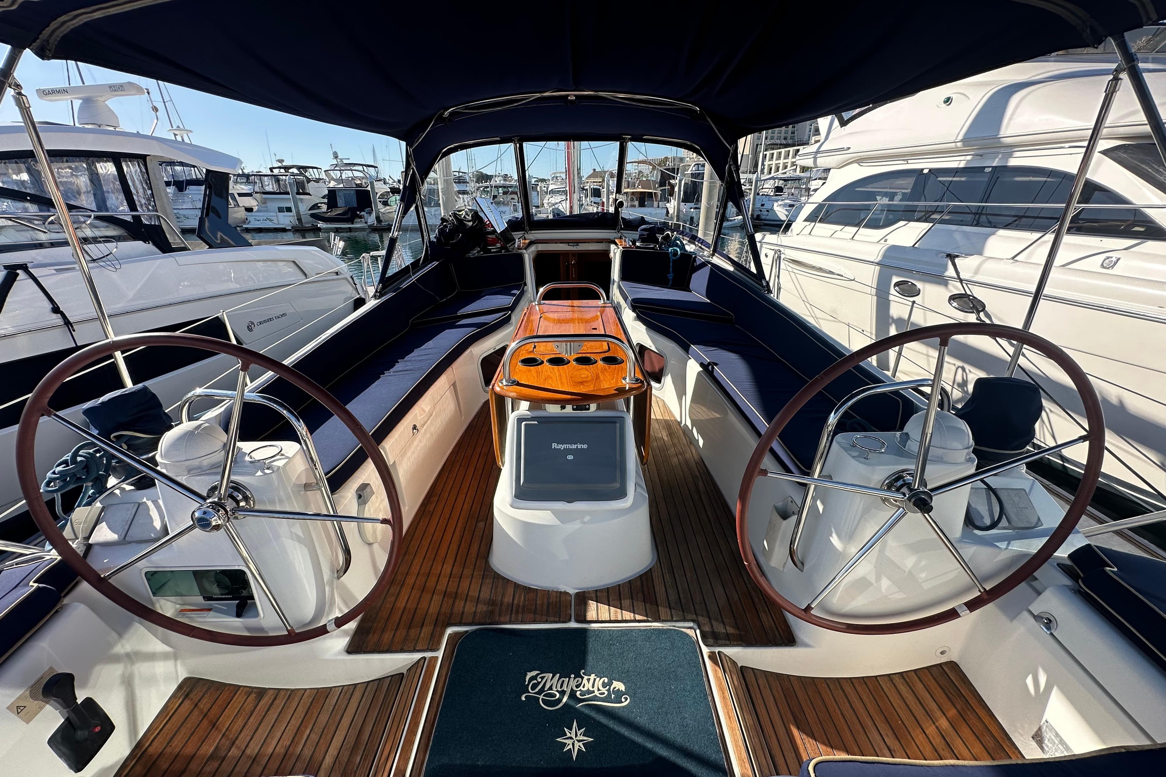 Cockpit of 2008 Jeanneau Sun Odyssey 45 DS sailboat with dual steering wheels.