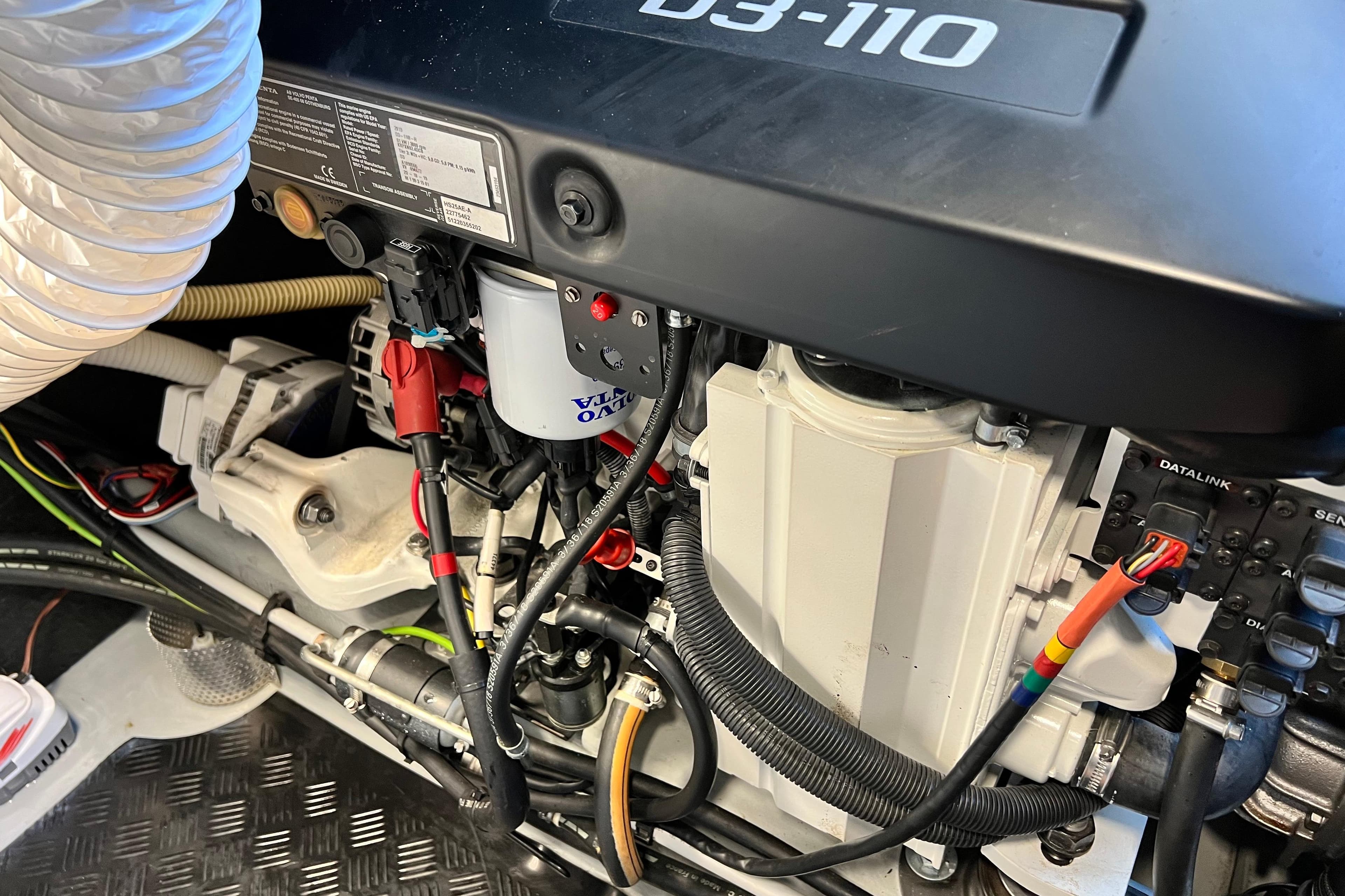 Engine compartment of a 2020 Amel 50 yacht, featuring a Volvo Penta D3-110 engine.